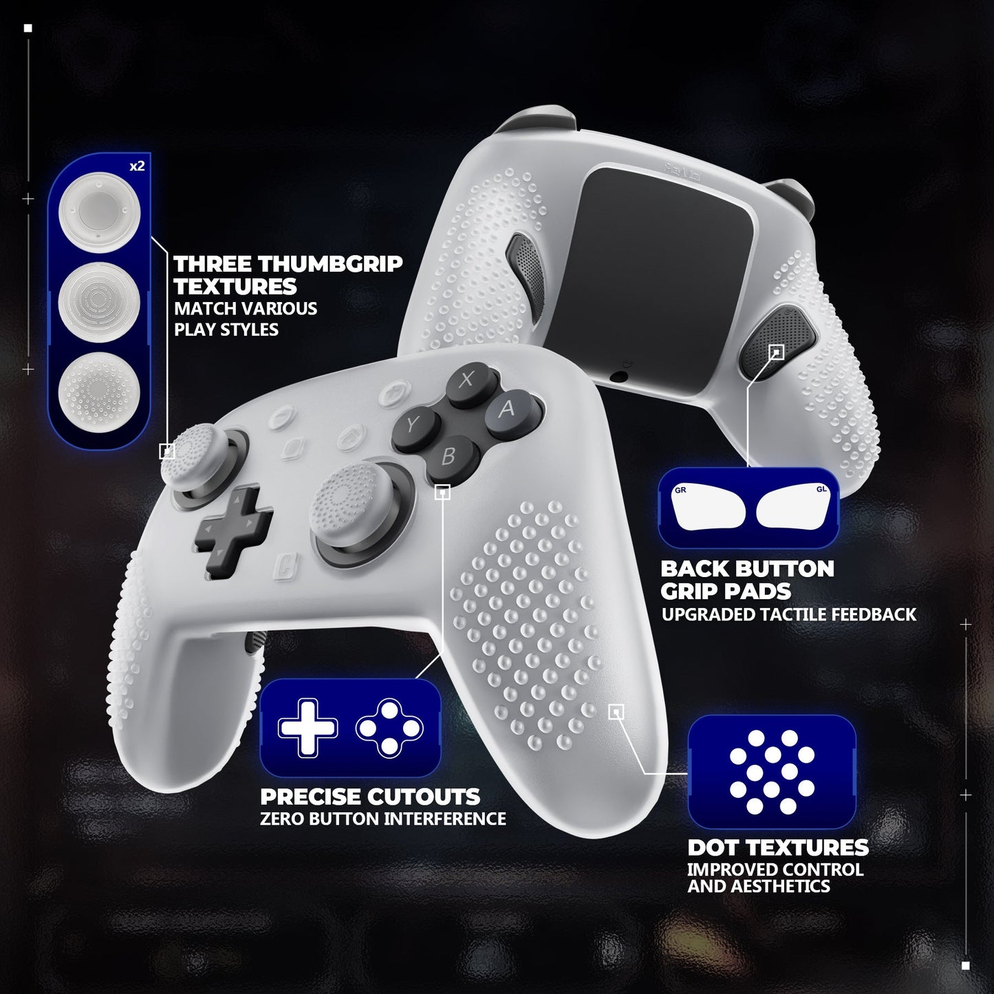 PlayVital 3D Studded Edition Silicone Cover Skin for Nintendo Switch 2 Pro Controller, Anti-Slip Grip Protector Case for Switch 2 Pro with Back Button Cap, Thumb Grips - Clear White PlayVital