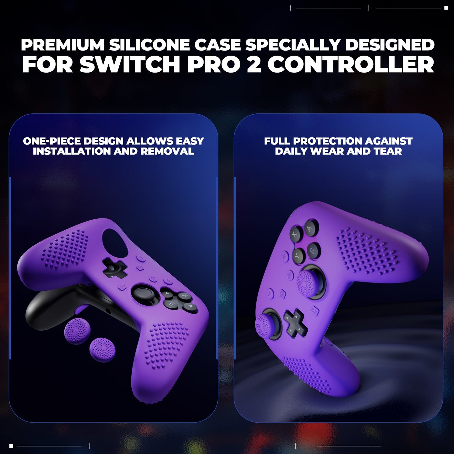 PlayVital 3D Studded Edition Silicone Cover Skin for Nintendo Switch 2 Pro Controller, Anti-Slip Grip Protector Case for Switch 2 Pro with Back Button Cap, Thumb Grips & Sticker - Purple PlayVital