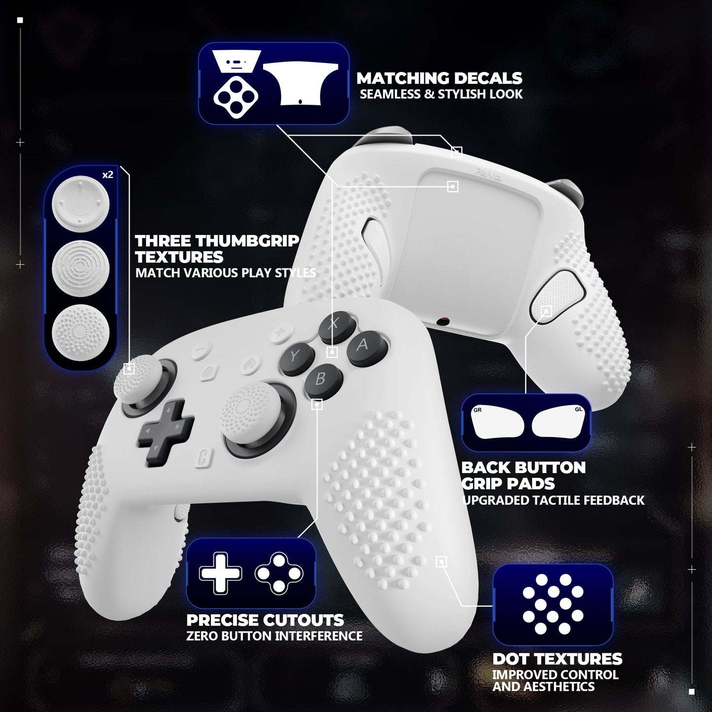 PlayVital 3D Studded Edition Silicone Cover Skin for Nintendo Switch 2 Pro Controller, Anti-Slip Grip Protector Case for Switch 2 Pro with Back Button Cap, Thumb Grips & Sticker - White PlayVital