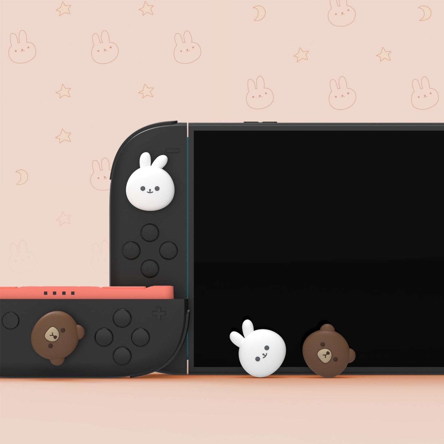 PlayVital 4 Pcs Cute Thumb Grip Caps for Nintendo Switch 2 - Chubby Bear & Smiley Bunny PlayVital