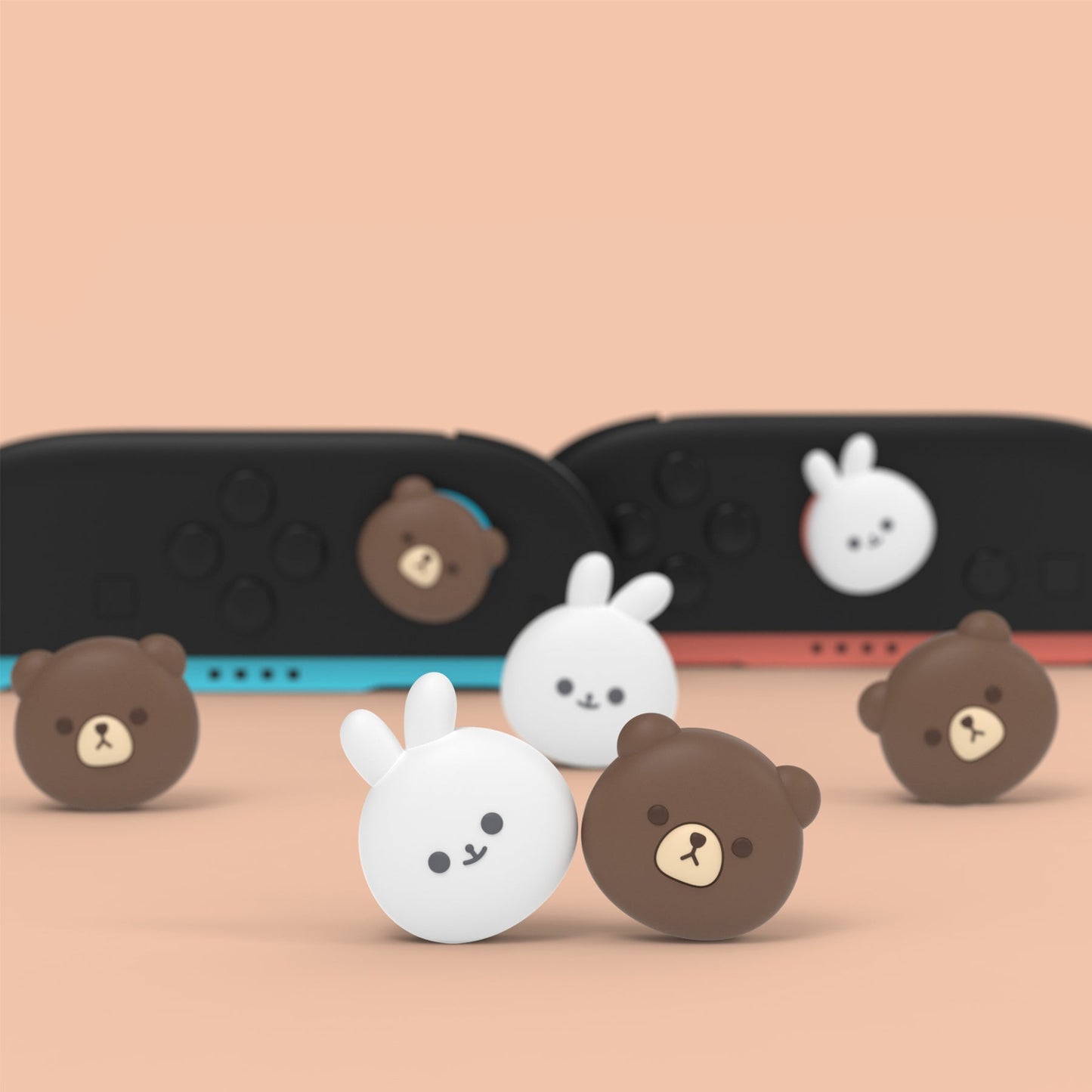 PlayVital 4 Pcs Cute Thumb Grip Caps for Nintendo Switch 2 - Chubby Bear & Smiley Bunny PlayVital