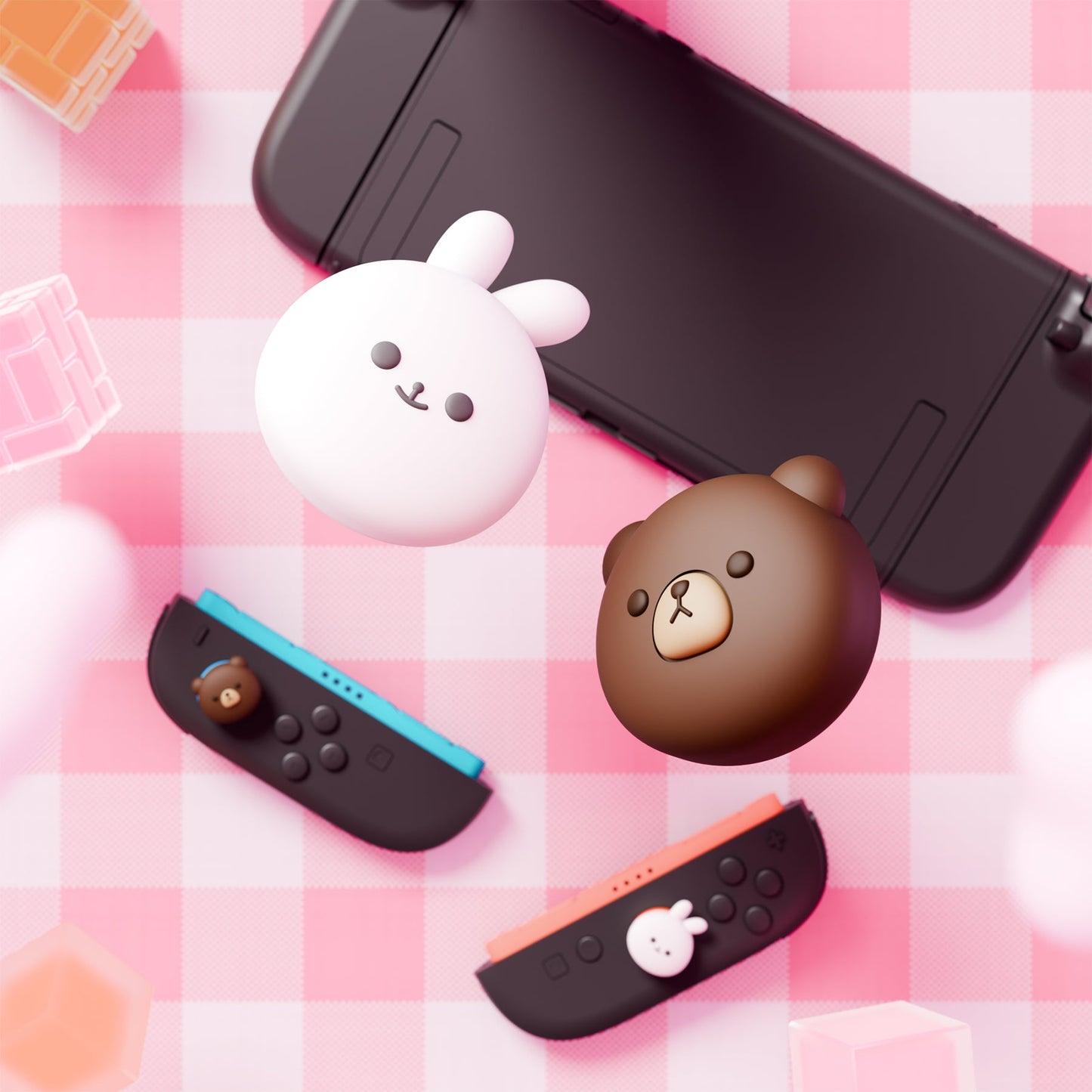 PlayVital 4 Pcs Cute Thumb Grip Caps for Nintendo Switch 2 - Chubby Bear & Smiley Bunny PlayVital