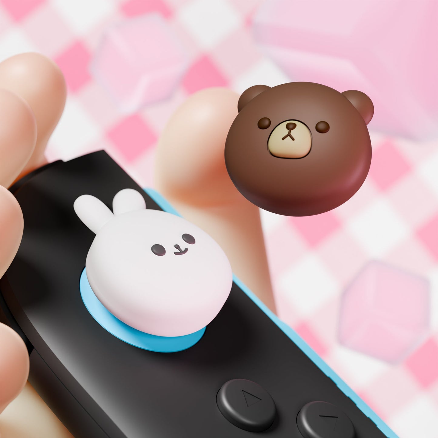 PlayVital 4 Pcs Cute Thumb Grip Caps for Nintendo Switch 2 - Chubby Bear & Smiley Bunny PlayVital