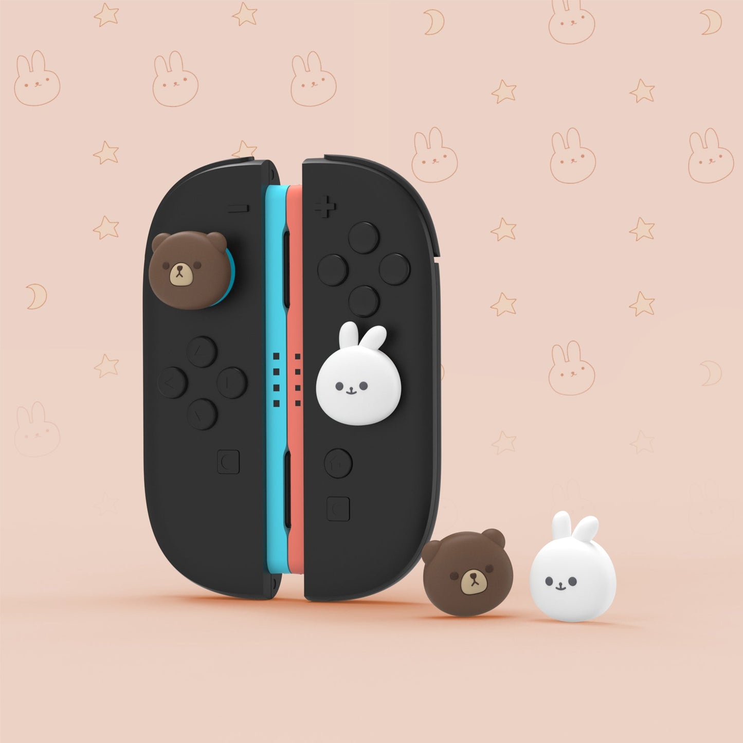 PlayVital 4 Pcs Cute Thumb Grip Caps for Nintendo Switch 2 - Chubby Bear & Smiley Bunny PlayVital