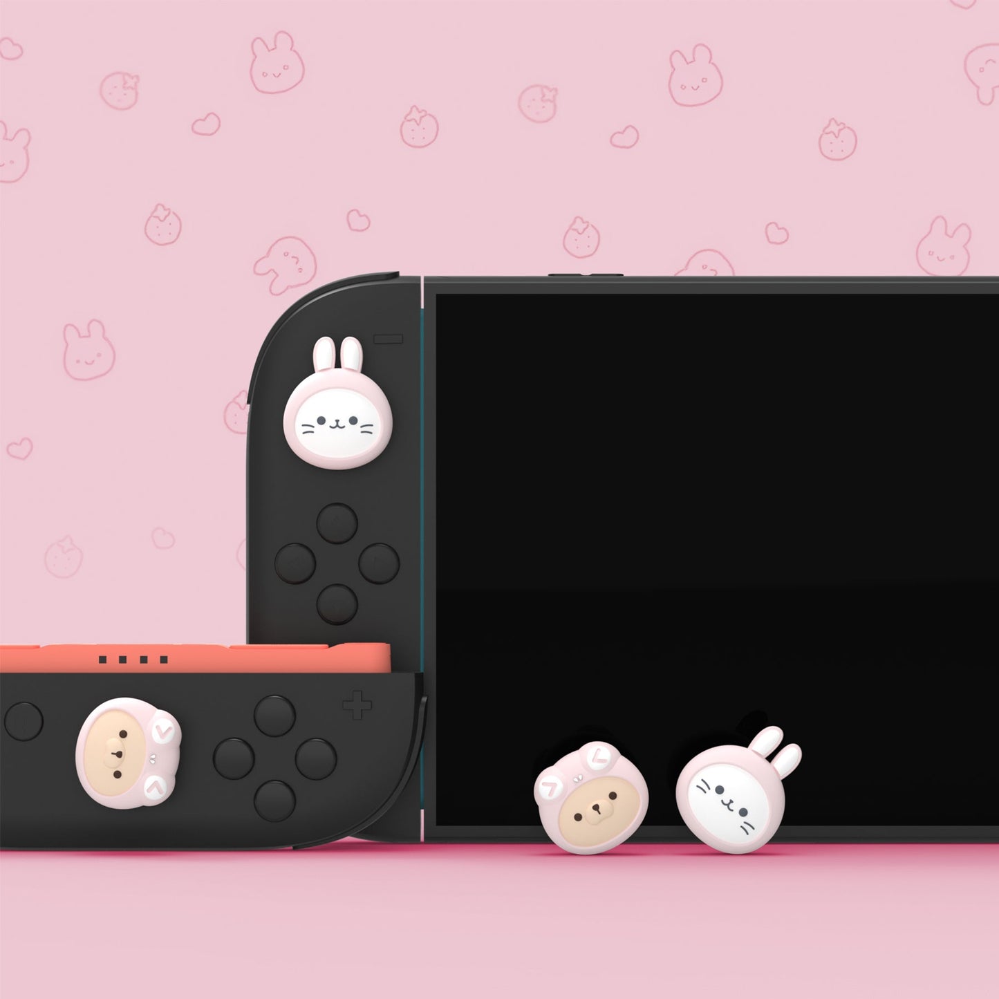 PlayVital 4 Pcs Cute Thumb Grip Caps for Nintendo Switch 2 - Pink Cosplaying Kitten & Puppy PlayVital