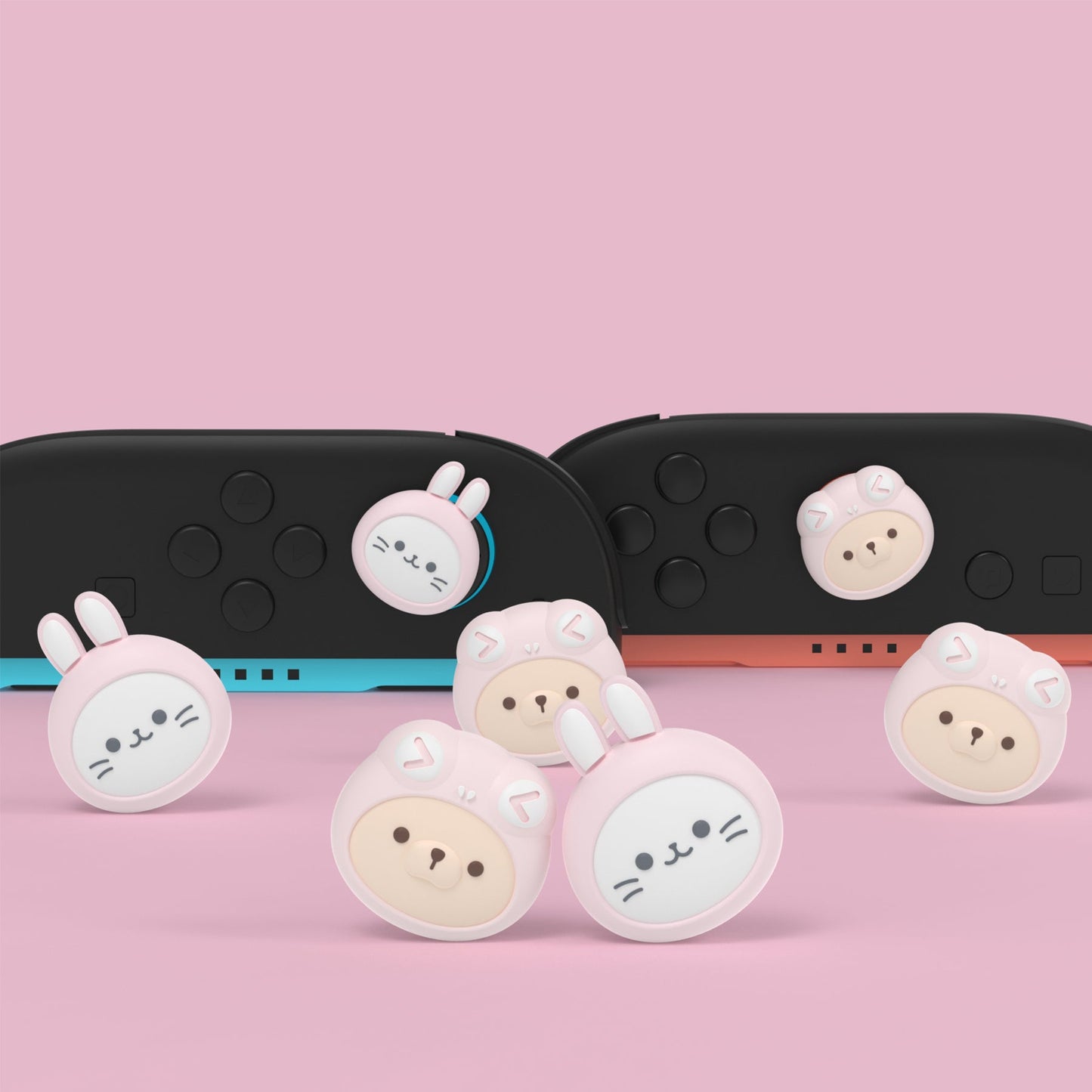 PlayVital 4 Pcs Cute Thumb Grip Caps for Nintendo Switch 2 - Pink Cosplaying Kitten & Puppy PlayVital