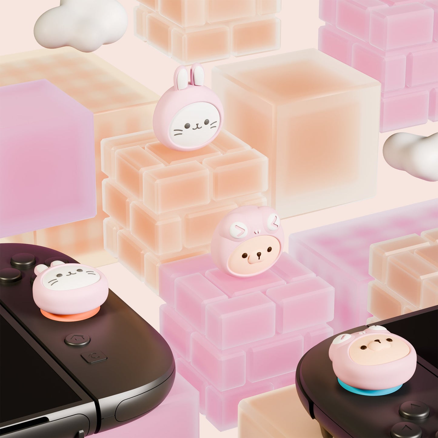 PlayVital 4 Pcs Cute Thumb Grip Caps for Nintendo Switch 2 - Pink Cosplaying Kitten & Puppy PlayVital