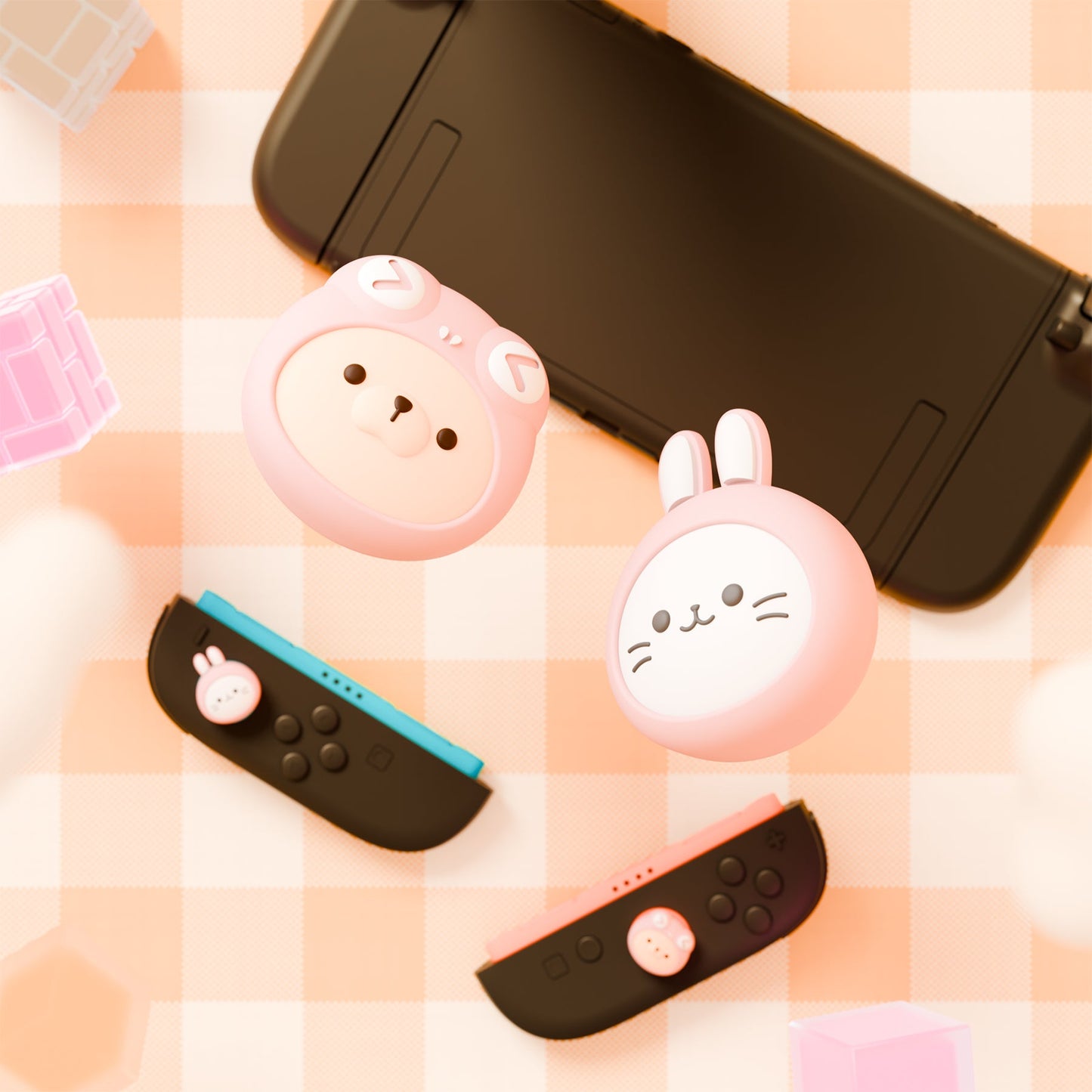 PlayVital 4 Pcs Cute Thumb Grip Caps for Nintendo Switch 2 - Pink Cosplaying Kitten & Puppy PlayVital