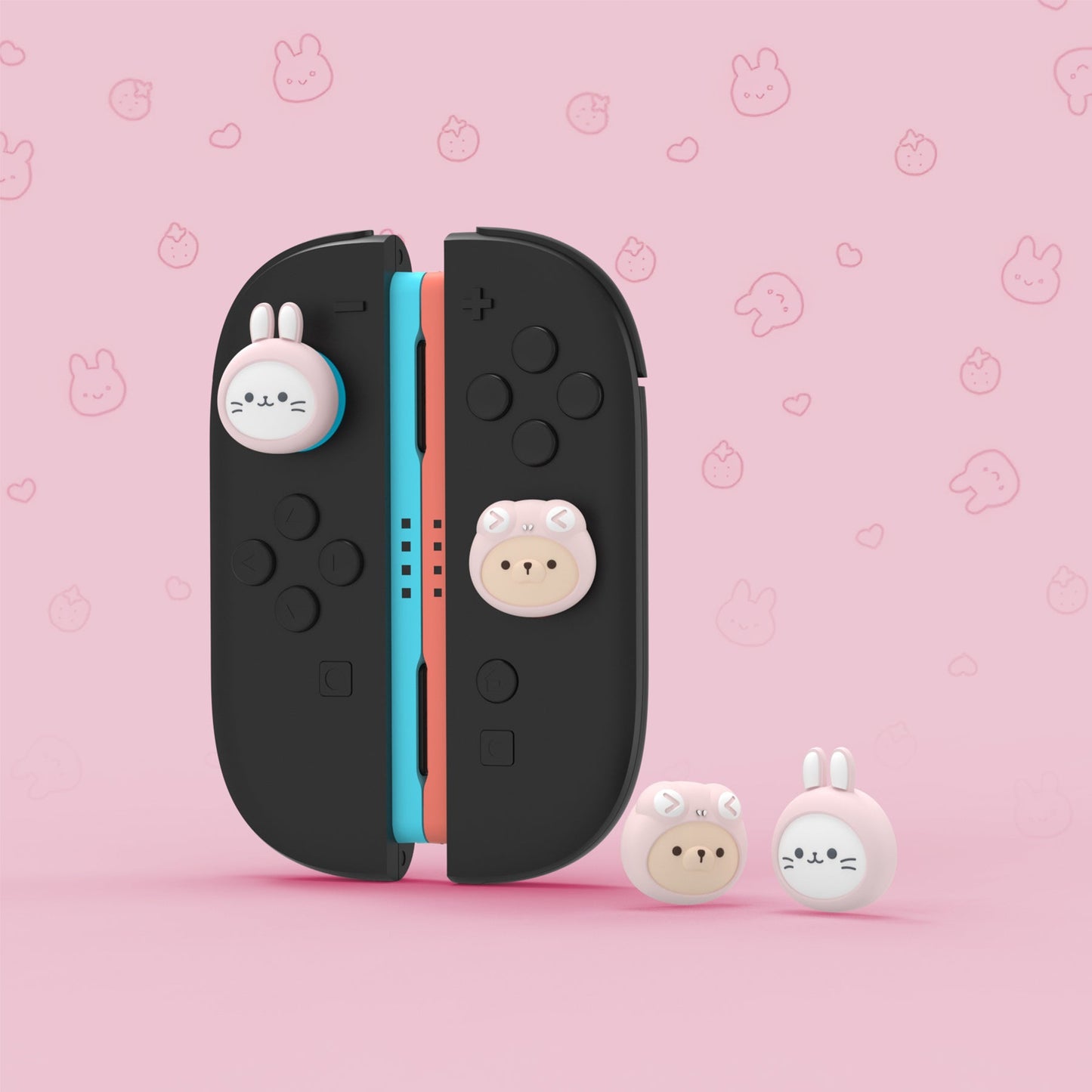 PlayVital 4 Pcs Cute Thumb Grip Caps for Nintendo Switch 2 - Pink Cosplaying Kitten & Puppy PlayVital