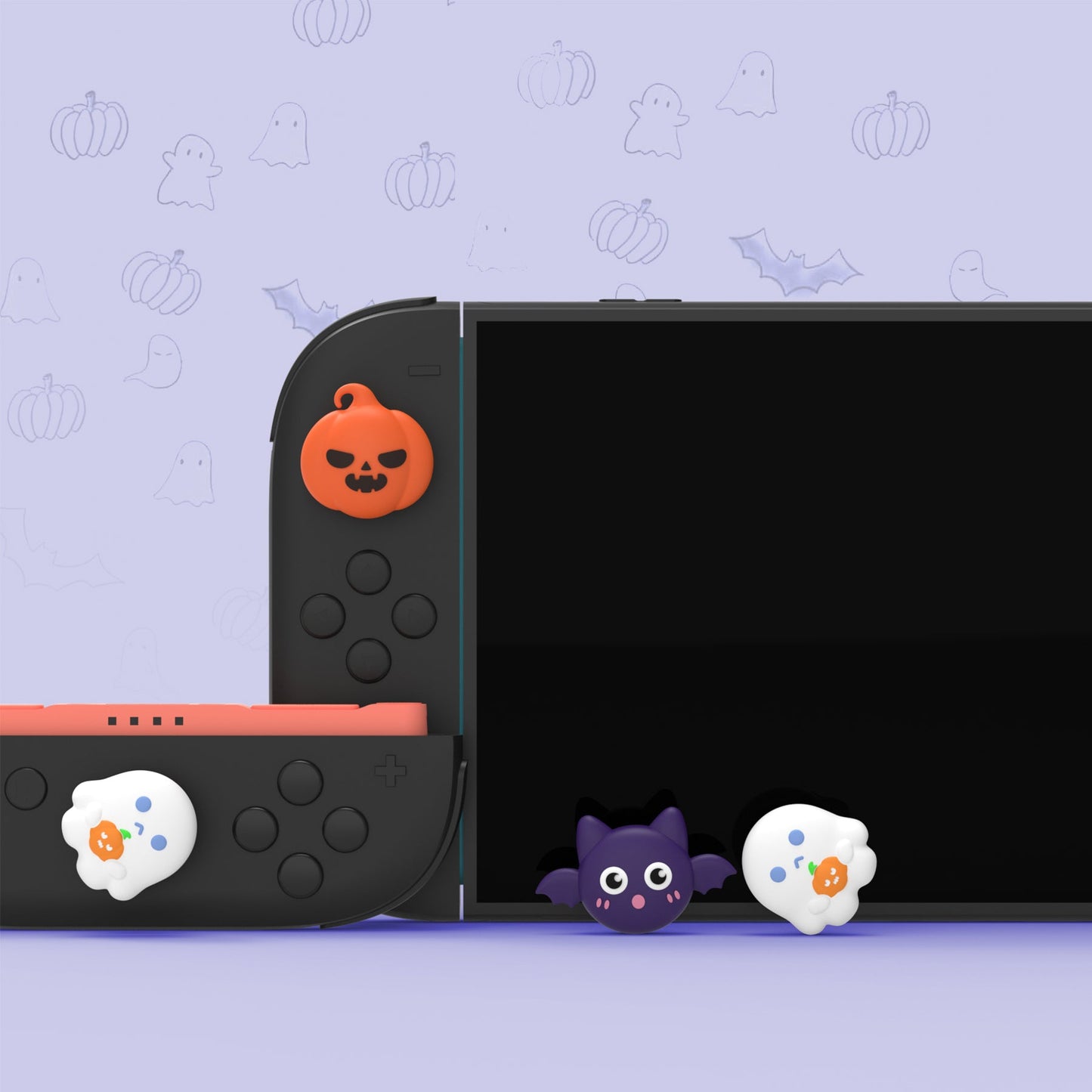 PlayVital 6 Pcs Cute Thumb Grip Caps for Nintendo Switch 2 - Halloween Pumpkin Bat with Spooky Ghost PlayVital