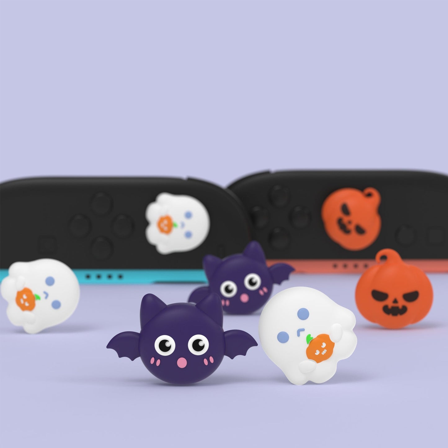 PlayVital 6 Pcs Cute Thumb Grip Caps for Nintendo Switch 2 - Halloween Pumpkin Bat with Spooky Ghost PlayVital