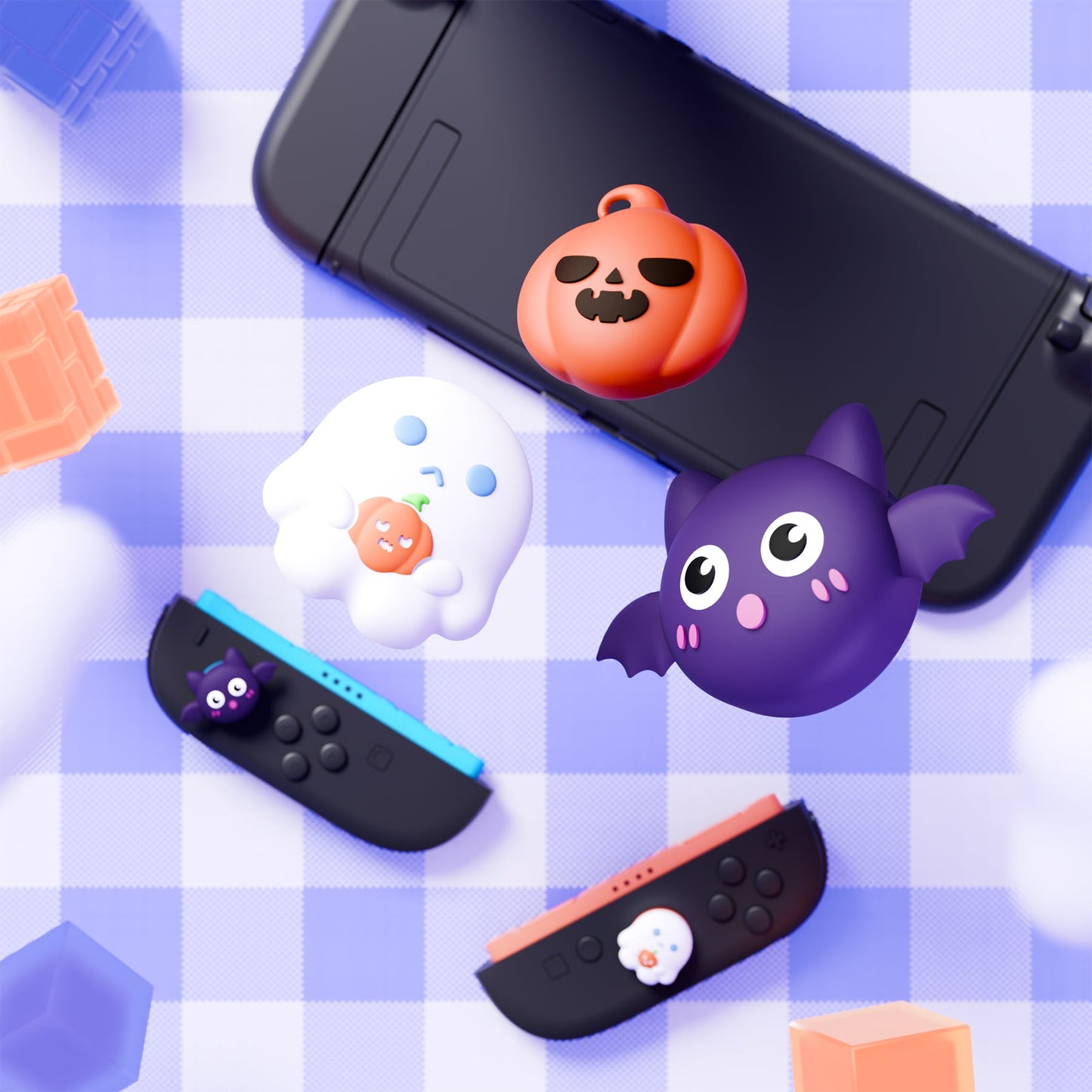 PlayVital 6 Pcs Cute Thumb Grip Caps for Nintendo Switch 2 - Halloween Pumpkin Bat with Spooky Ghost PlayVital
