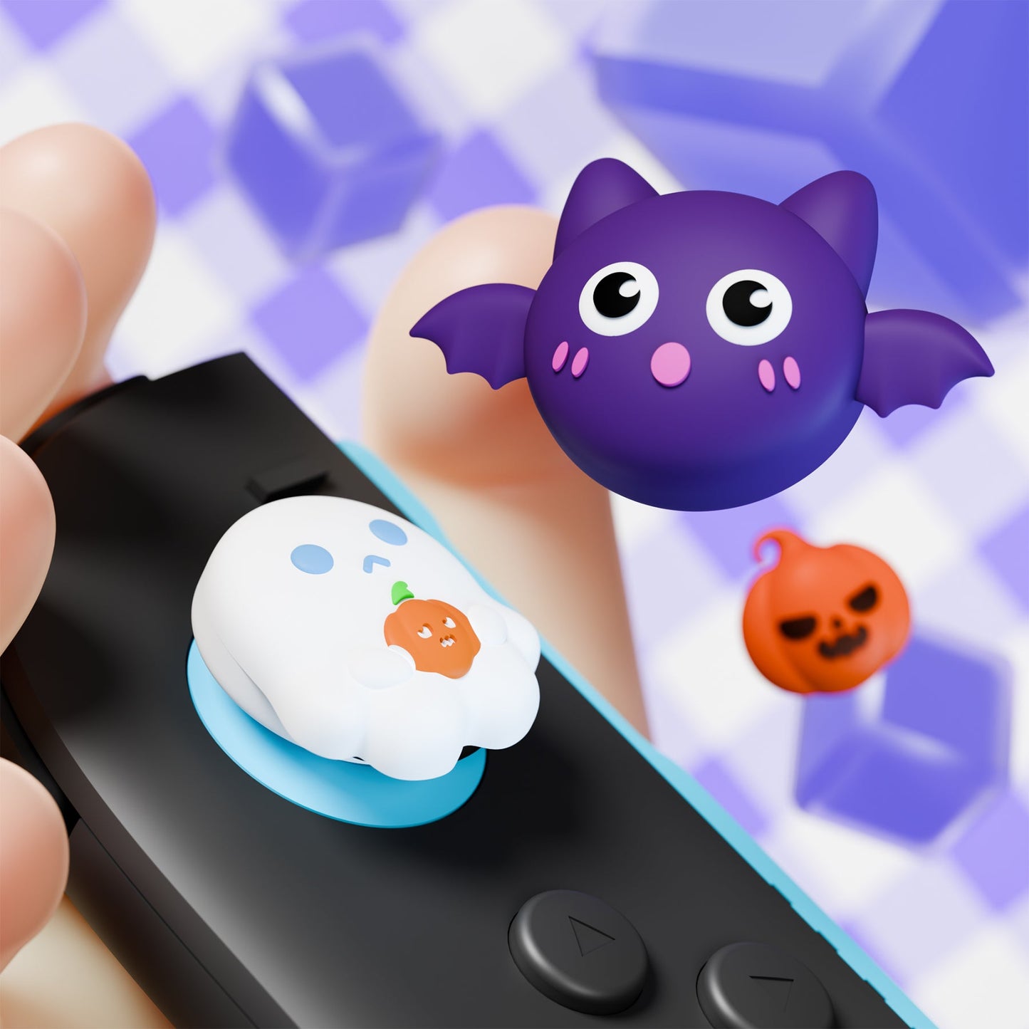PlayVital 6 Pcs Cute Thumb Grip Caps for Nintendo Switch 2 - Halloween Pumpkin Bat with Spooky Ghost PlayVital