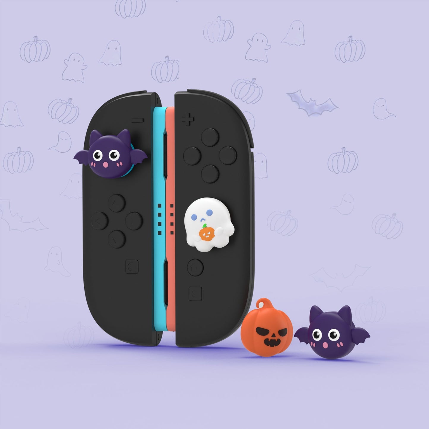 PlayVital 6 Pcs Cute Thumb Grip Caps for Nintendo Switch 2 - Halloween Pumpkin Bat with Spooky Ghost PlayVital