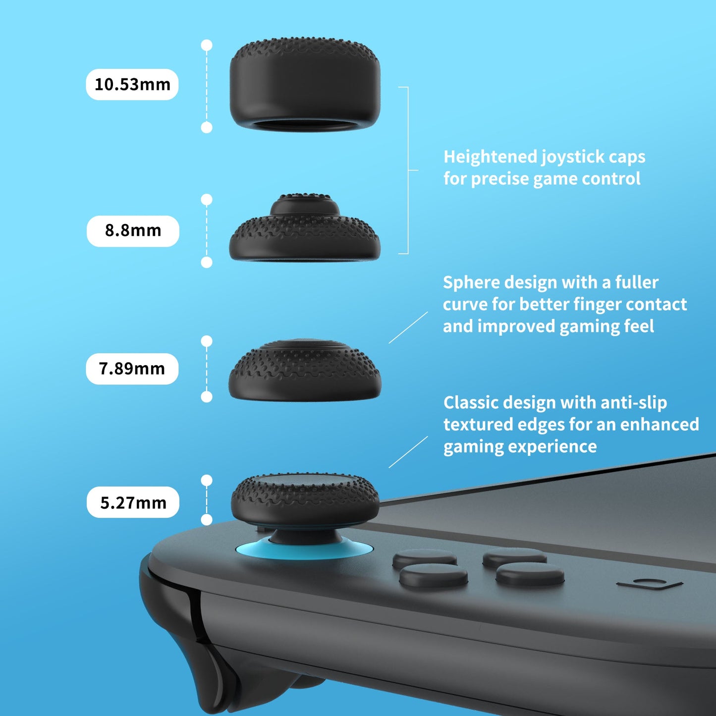 PlayVital 8 in 1 Pro Thumbs Grip Caps for Nintendo Switch 2, 8Pcs Ergonomic Anti-Slip Joystick Caps for Joycon 2 Grip - Black PlayVital