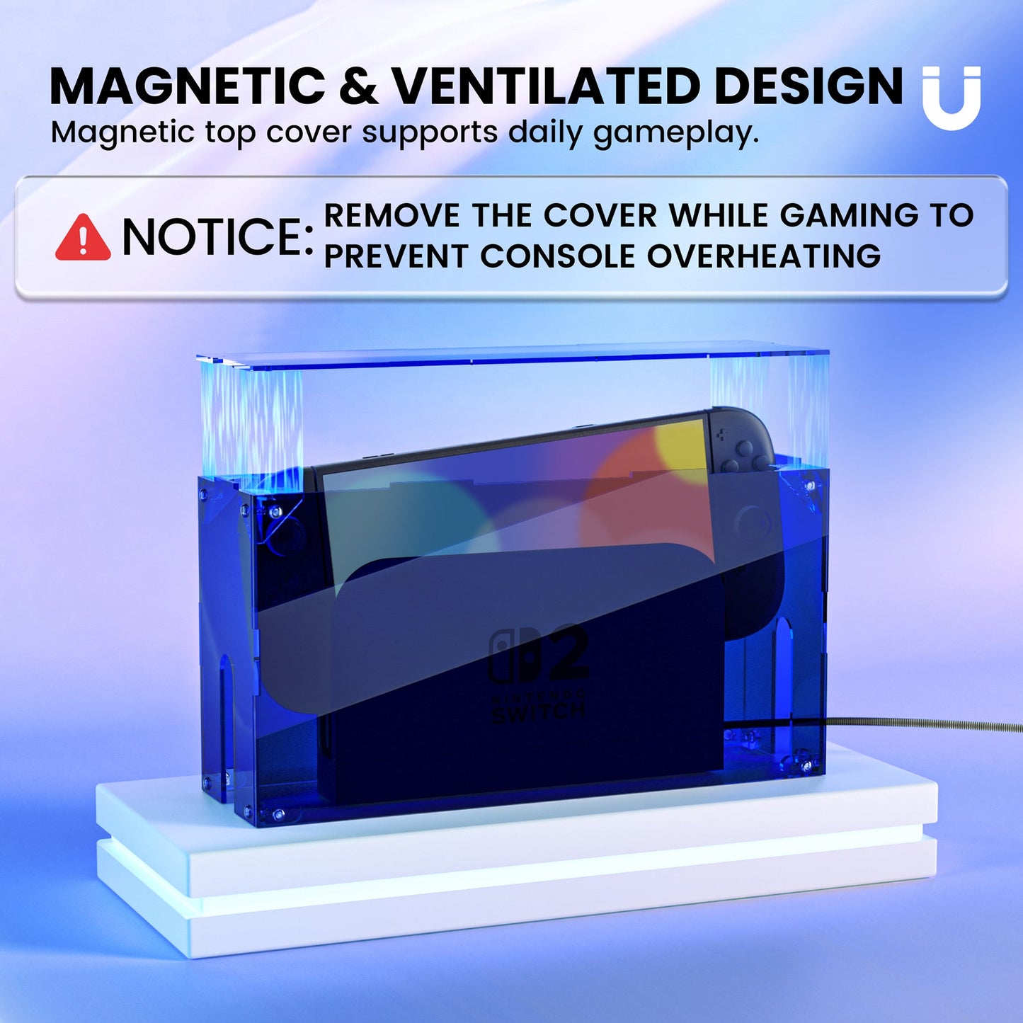 PlayVital Acrylic Dust Cover for Nintendo Switch 2 Console & Charging Dock Assemble Waterproof Protective Box Cover Sleeve for Nintendo Switch 2 (2025) - Clear Blue PlayVital
