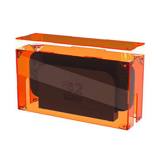 PlayVital Acrylic Dust Cover for Nintendo Switch 2 Console & Charging Dock Assemble Waterproof Protective Box Cover Sleeve for Nintendo Switch 2 (2025) - Clear Orange PlayVital