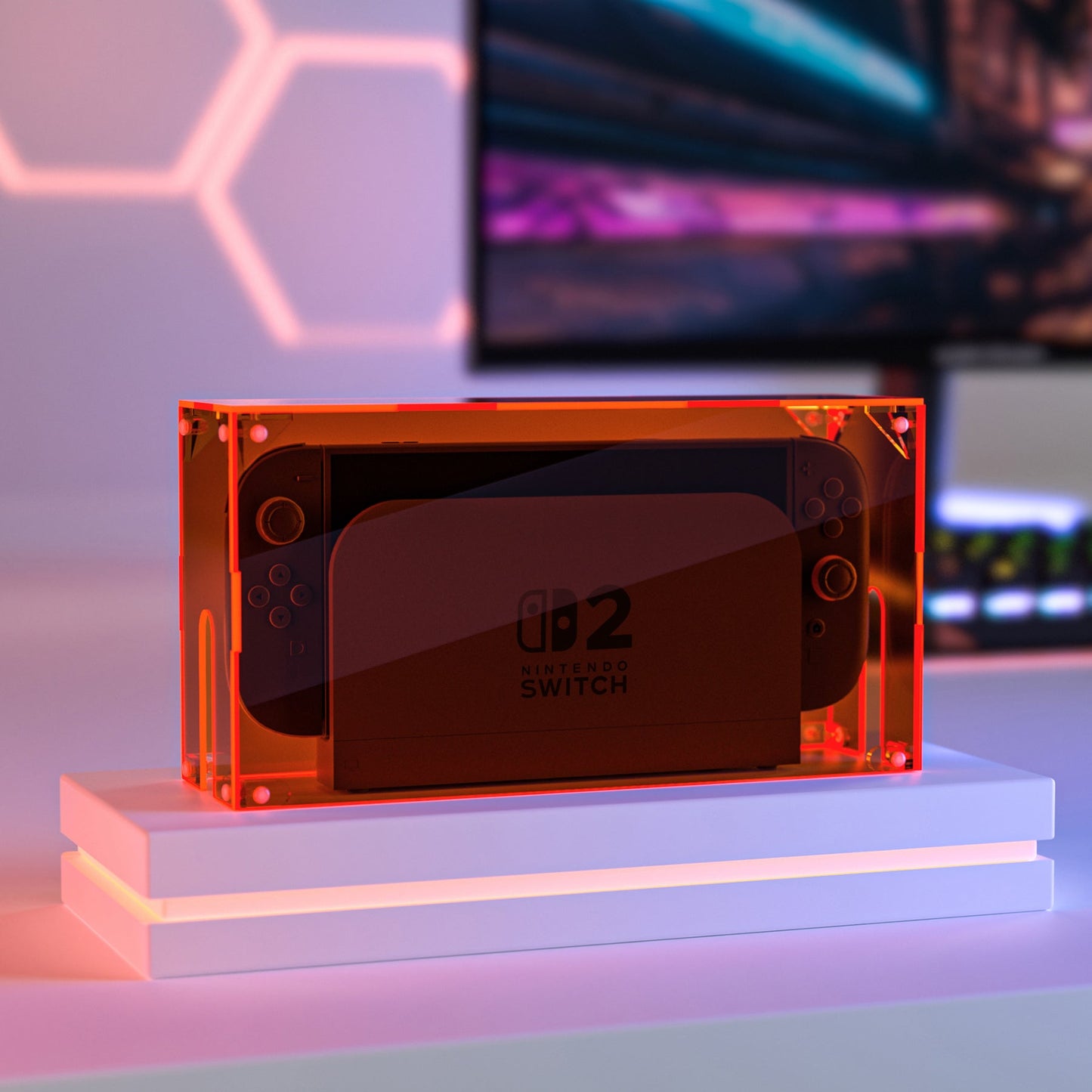 PlayVital Acrylic Dust Cover for Nintendo Switch 2 Console & Charging Dock Assemble Waterproof Protective Box Cover Sleeve for Nintendo Switch 2 (2025) - Clear Orange PlayVital