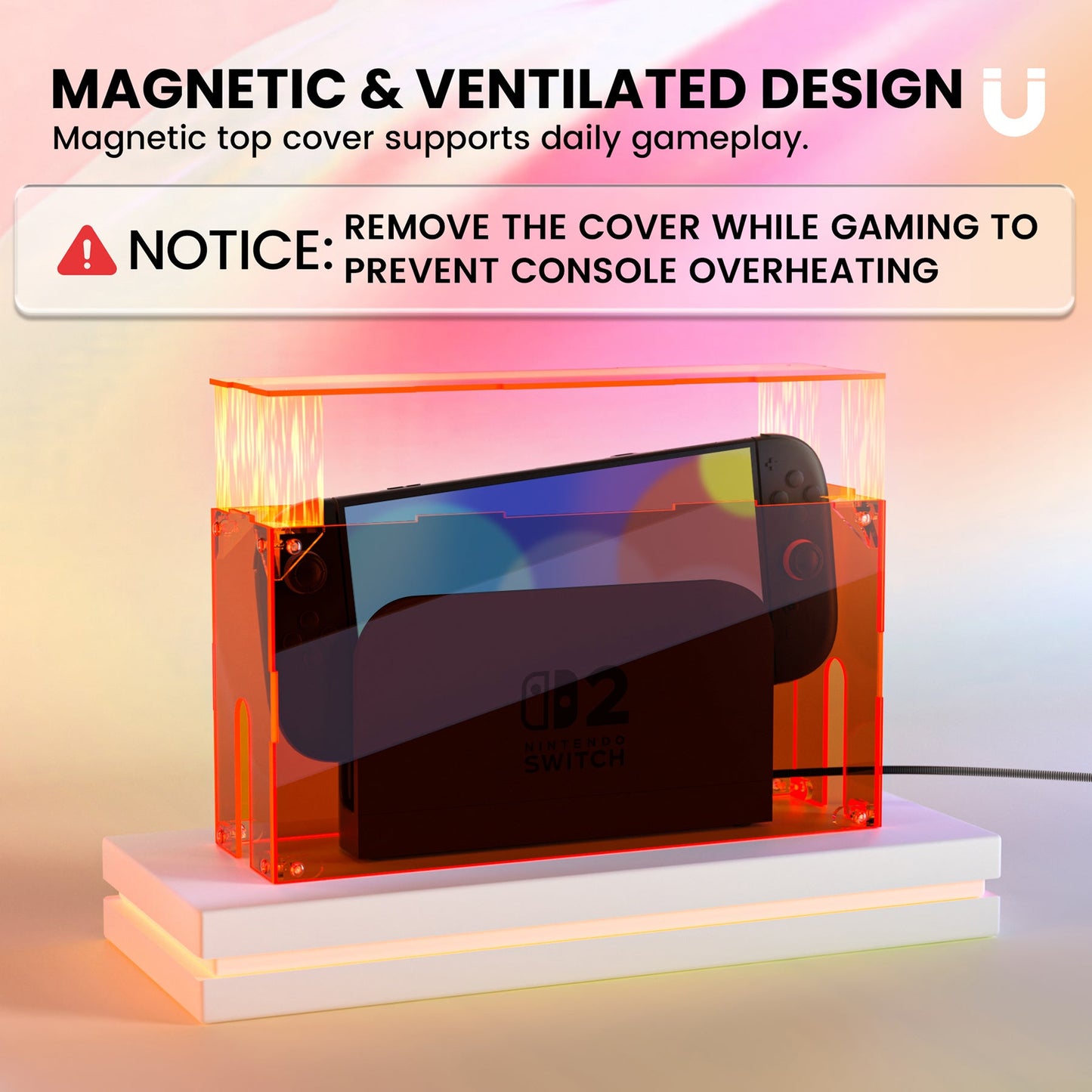 PlayVital Acrylic Dust Cover for Nintendo Switch 2 Console & Charging Dock Assemble Waterproof Protective Box Cover Sleeve for Nintendo Switch 2 (2025) - Clear Orange PlayVital