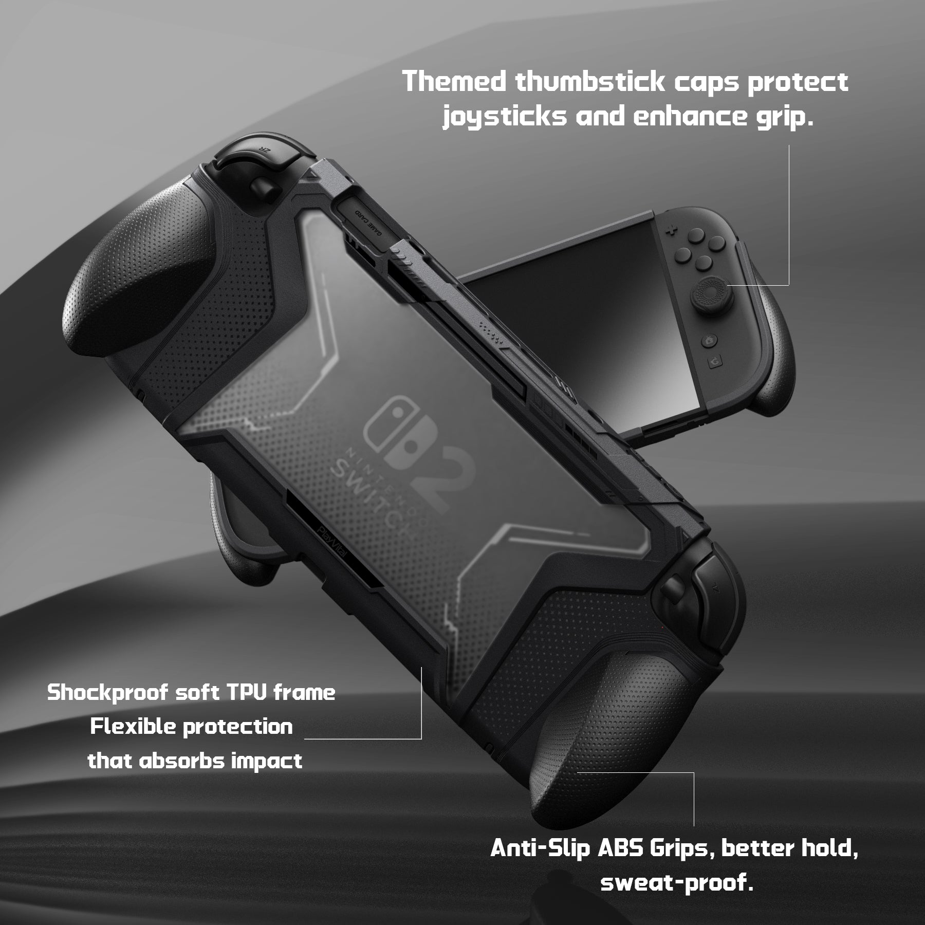PlayVital BEYOND-GRIP Interchangeable Grip Protective Cover for Nintendo Switch 2 (2025), Ergonomic TPU Dockable Case Accessories for Switch 2 with Joystick Caps - Black PlayVital