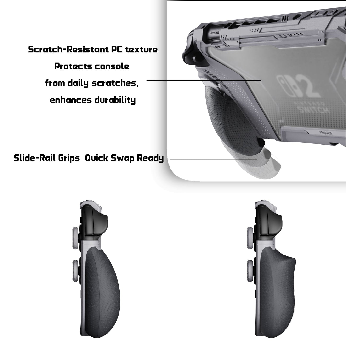 PlayVital BEYOND-GRIP Interchangeable Grip Protective Cover for Nintendo Switch 2 (2025), Ergonomic TPU Dockable Case Accessories for Switch 2 with Joystick Caps - New Hope Gray PlayVital