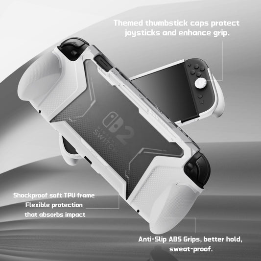 PlayVital BEYOND-GRIP Interchangeable Grip Protective Cover for Nintendo Switch 2 (2025), Ergonomic TPU Dockable Case Accessories for Switch 2 with Joystick Caps - White PlayVital