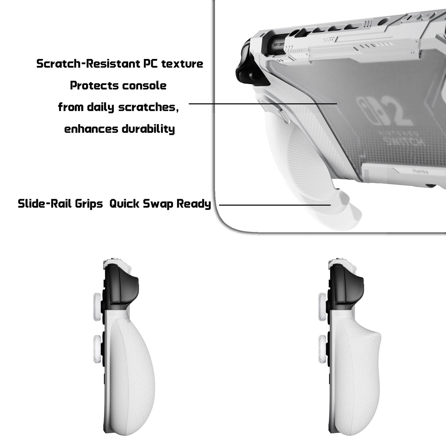 PlayVital BEYOND-GRIP Interchangeable Grip Protective Cover for Nintendo Switch 2 (2025), Ergonomic TPU Dockable Case Accessories for Switch 2 with Joystick Caps - White PlayVital