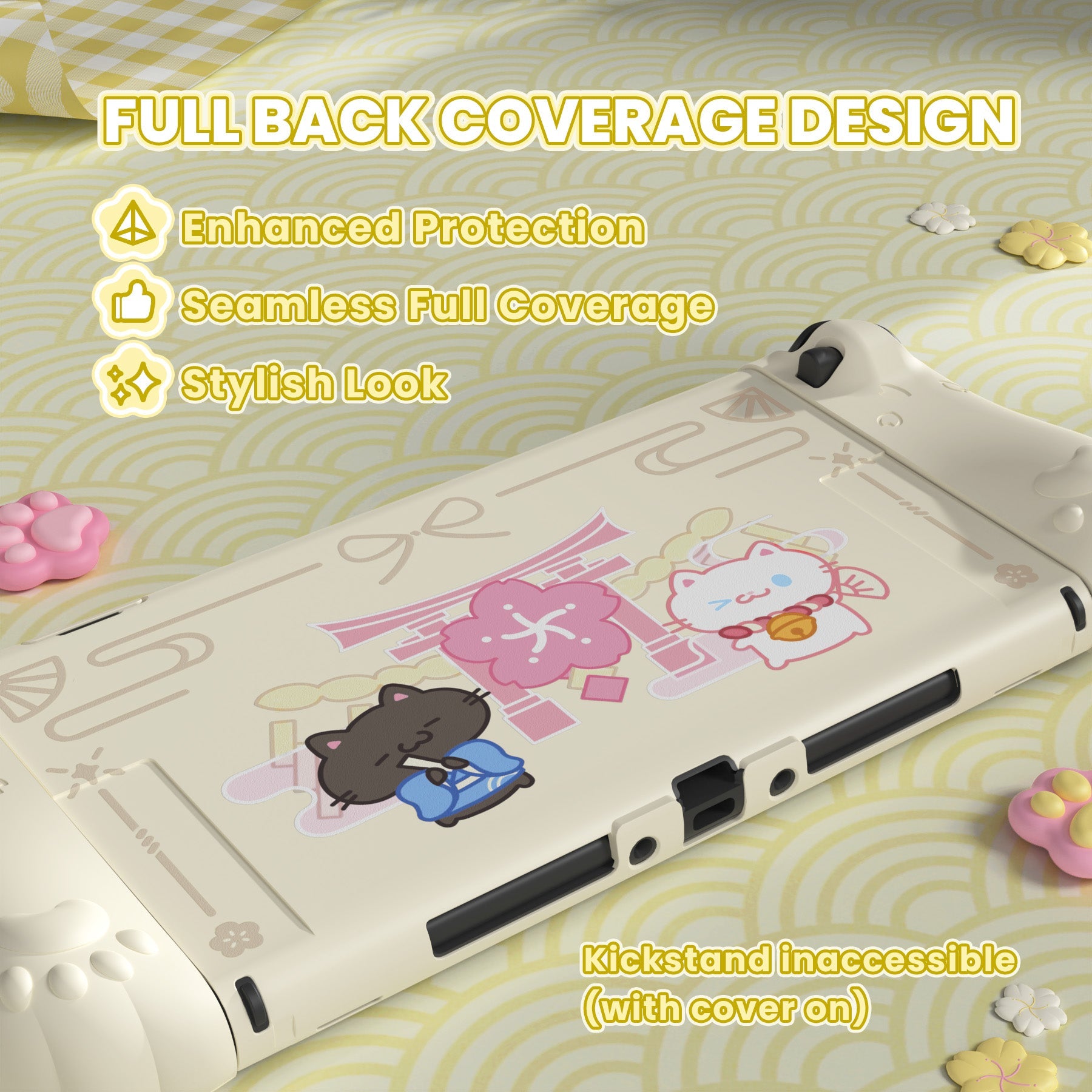 PlayVital Cherry Blossoms Kitten Protective Cover for Nintendo Switch 2 - Antique Yellow PlayVital