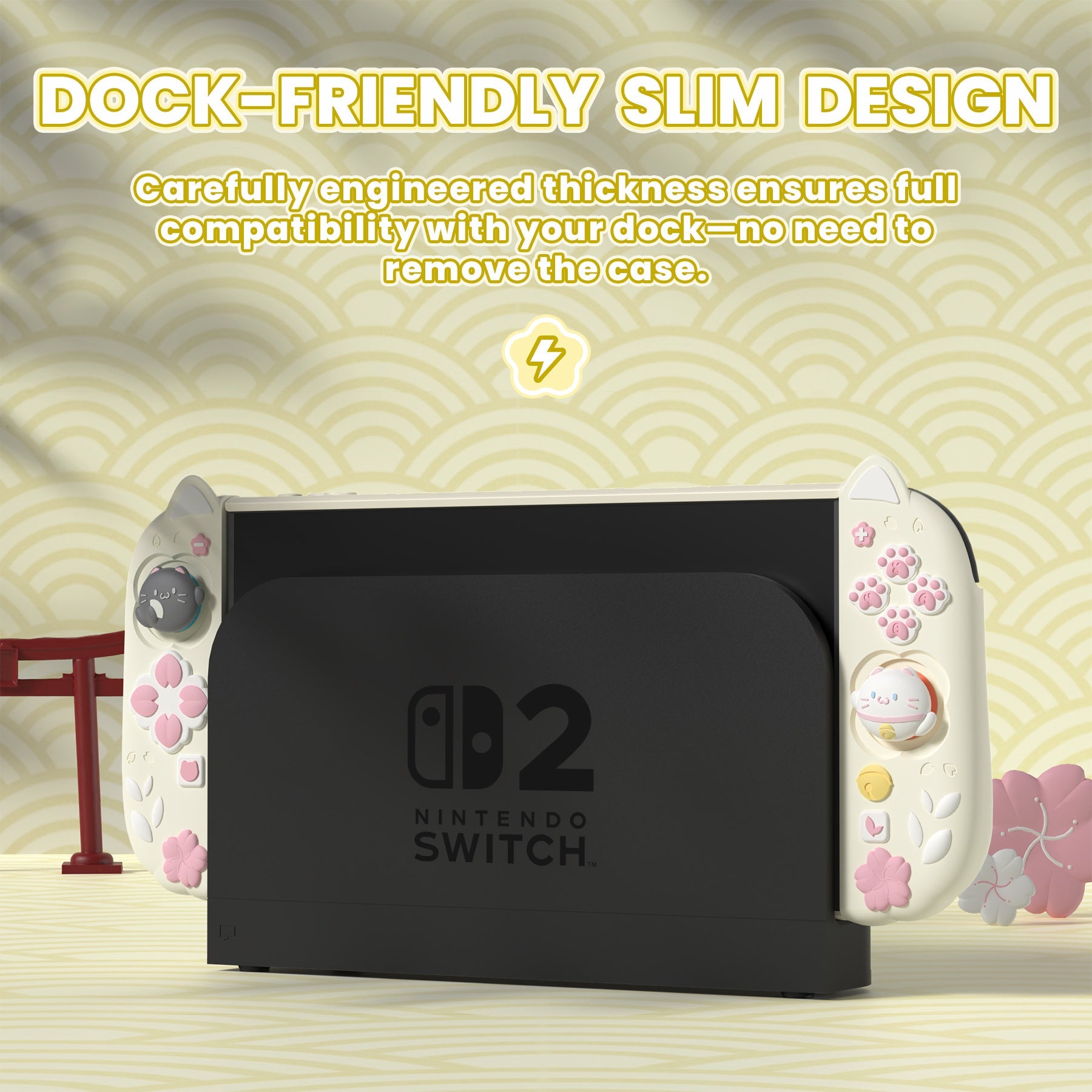 PlayVital Cherry Blossoms Kitten Protective Cover for Nintendo Switch 2 - Antique Yellow PlayVital