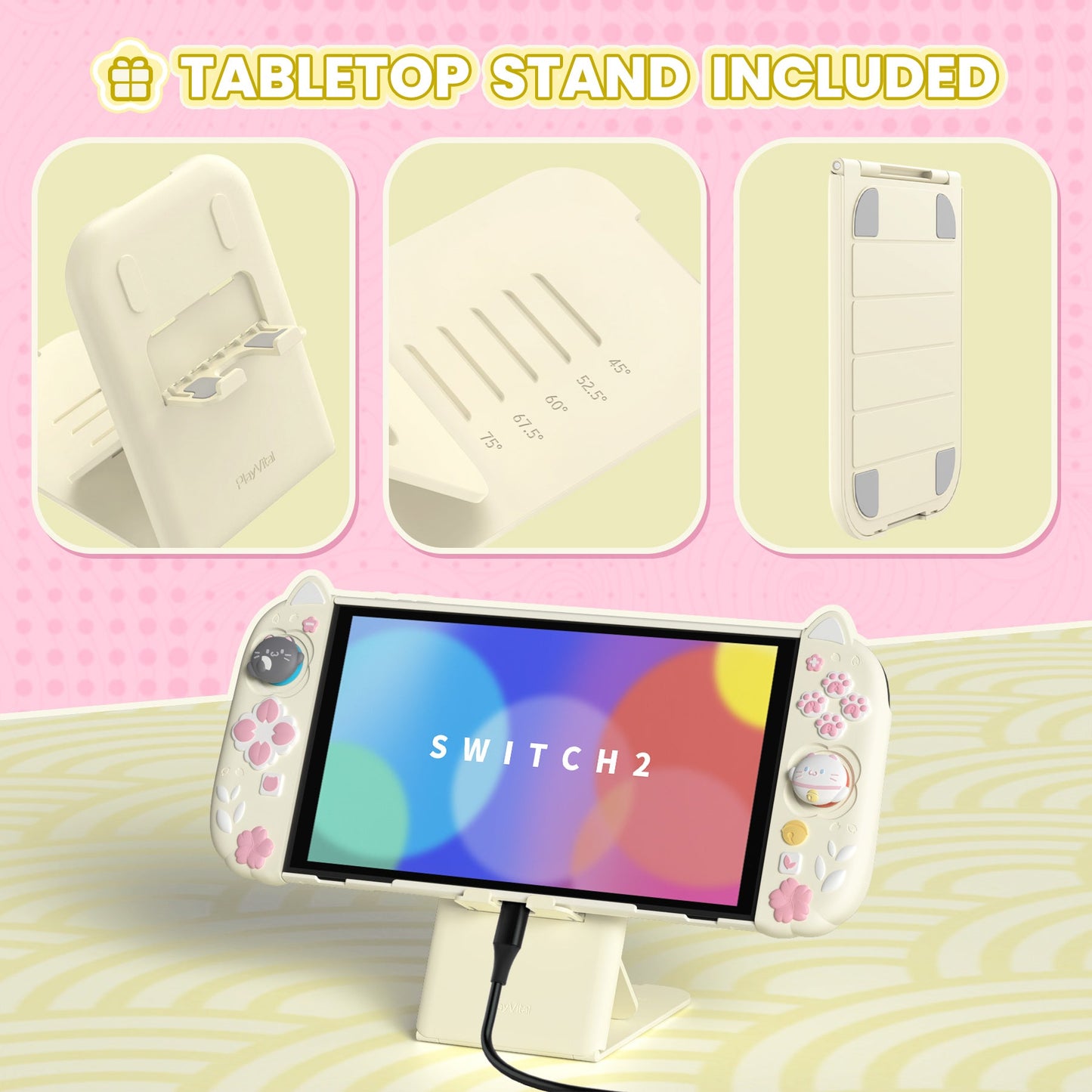 PlayVital Cherry Blossoms Kitten Protective Cover for Nintendo Switch 2 - Antique Yellow PlayVital