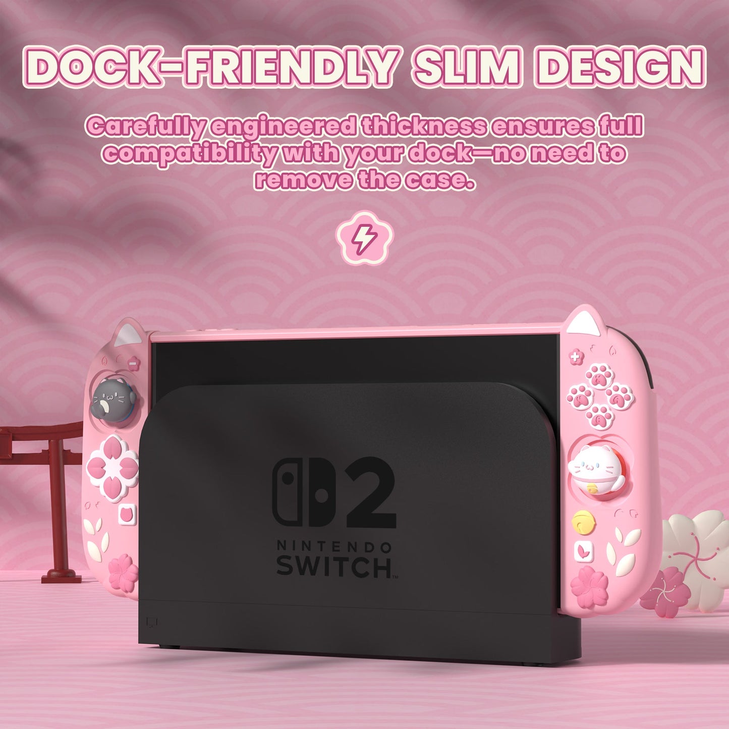 PlayVital Cherry Blossoms Kitten Protective Cover for Nintendo Switch 2 - Pink PlayVital