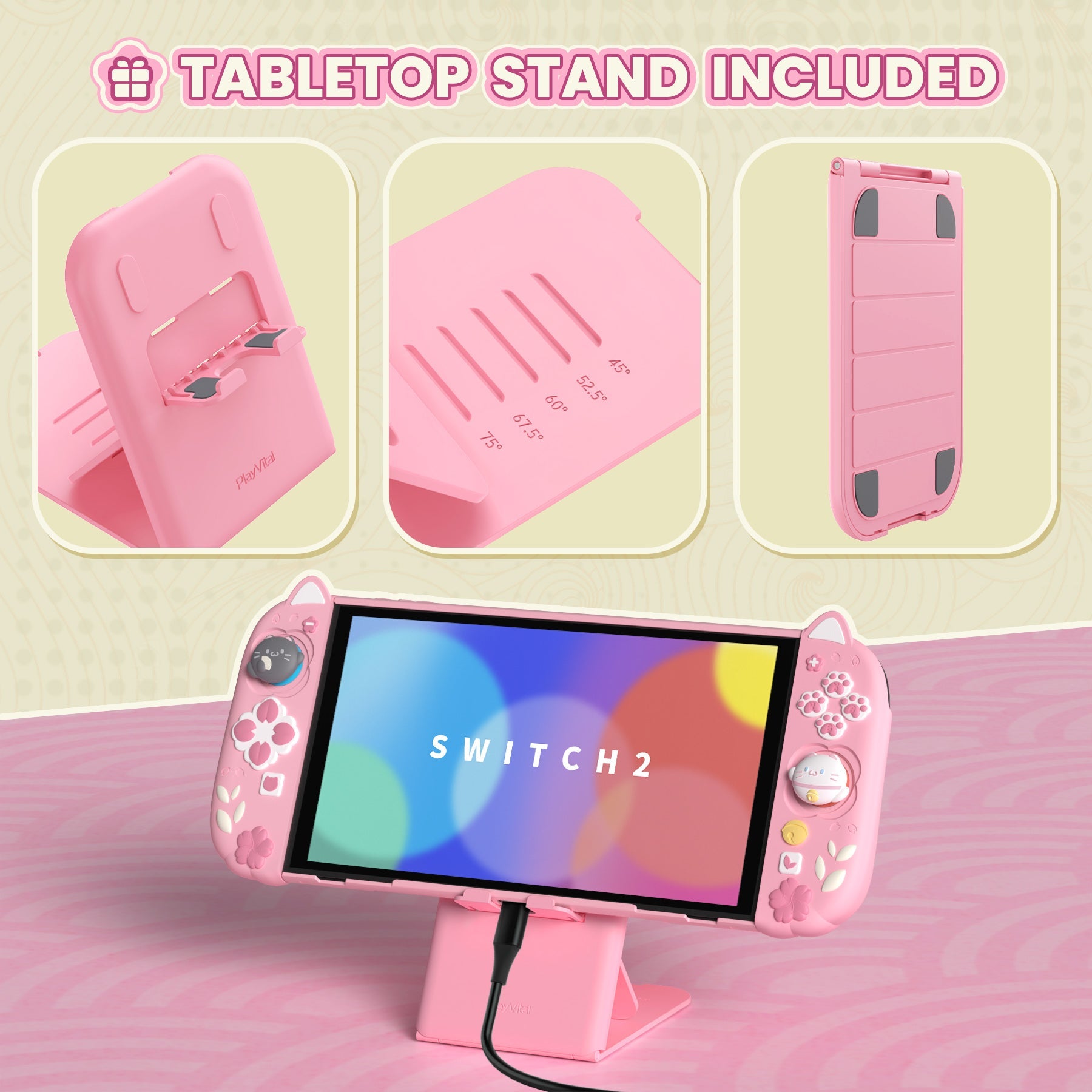 PlayVital Cherry Blossoms Kitten Protective Cover for Nintendo Switch 2 - Pink PlayVital