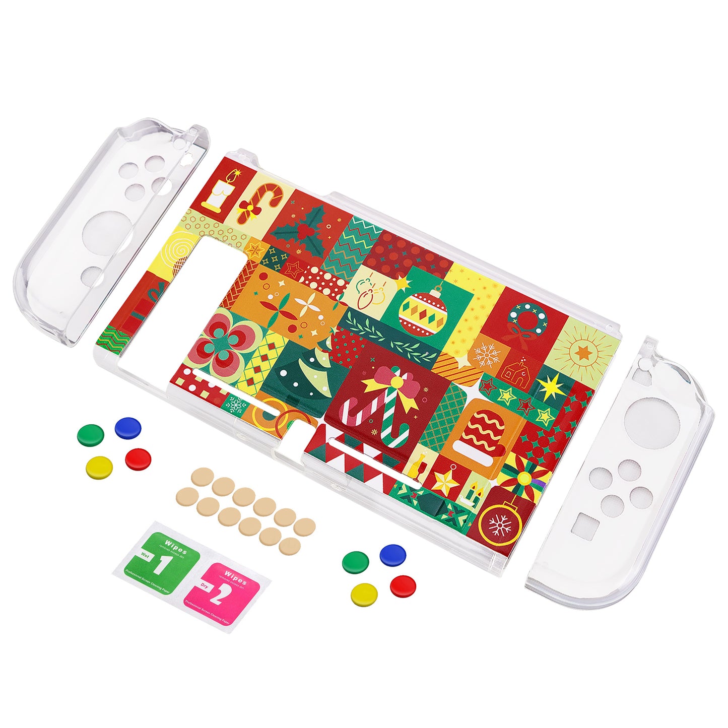 PlayVital Soft TPU Slim Protective Case with Colorful ABXY Direction Button Caps for Nintendo Switch - Christmas Wrap