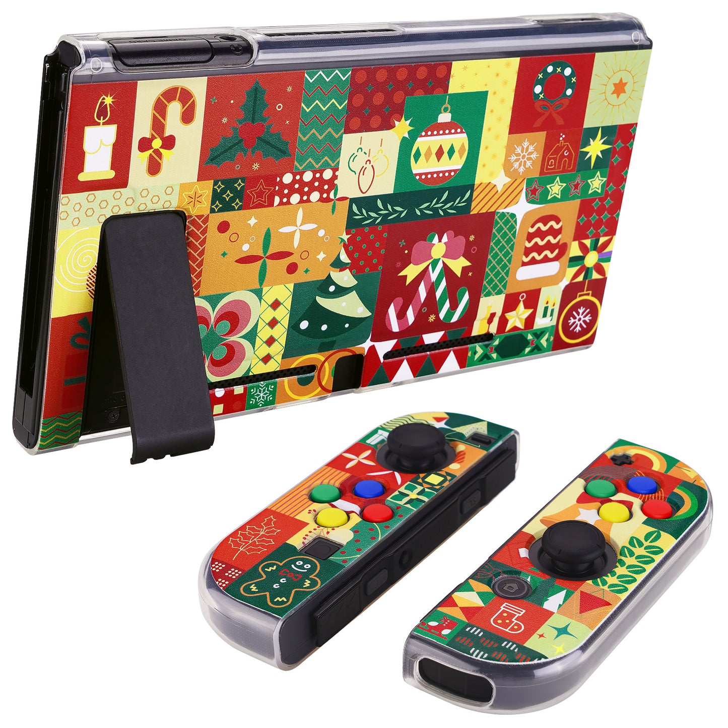 PlayVital Soft TPU Slim Protective Case with Colorful ABXY Direction Button Caps for Nintendo Switch - Christmas Wrap