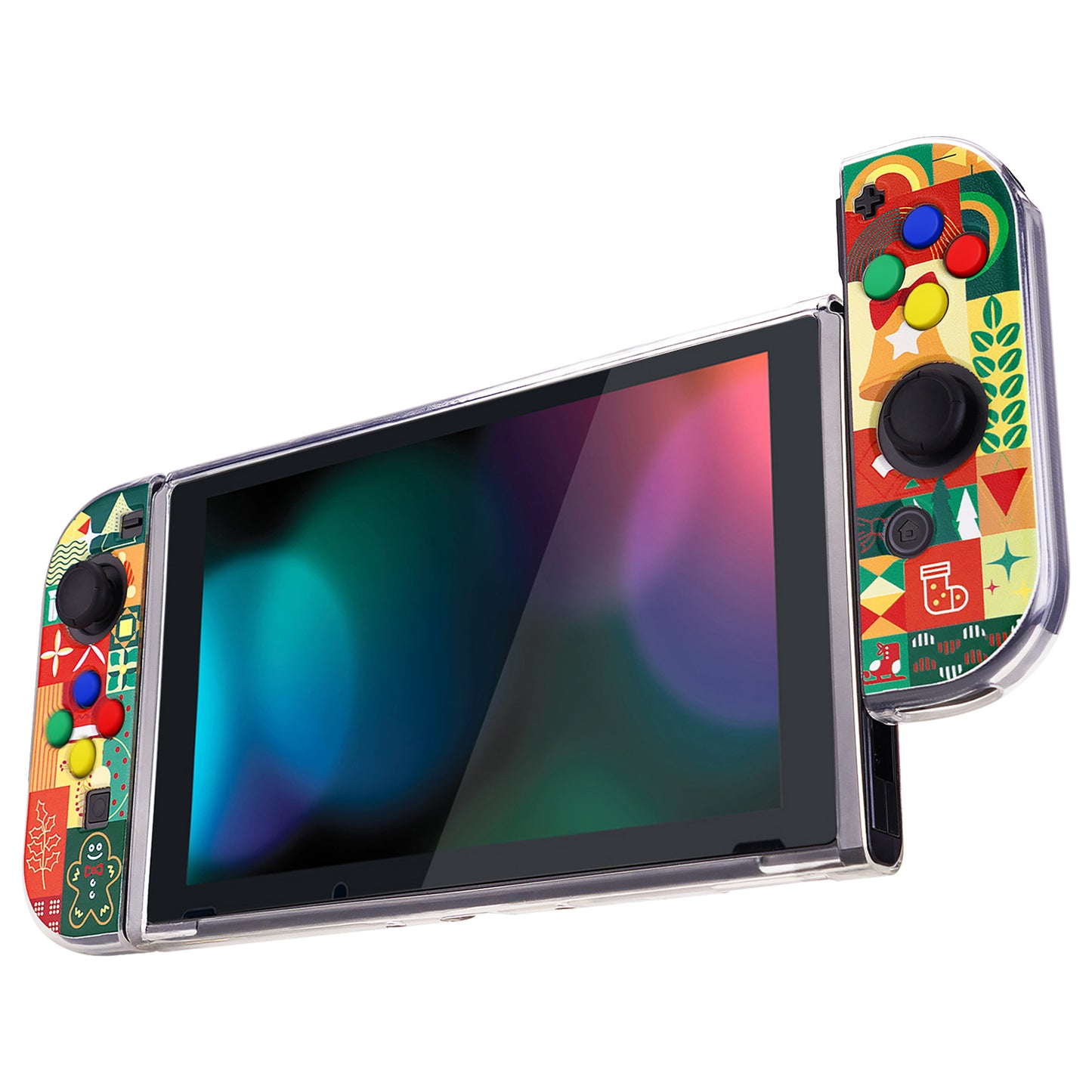 PlayVital Soft TPU Slim Protective Case with Colorful ABXY Direction Button Caps for Nintendo Switch - Christmas Wrap