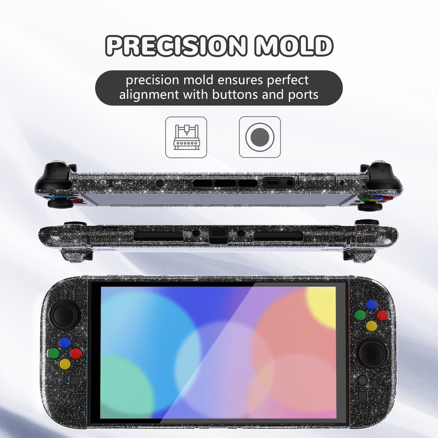 PlayVital Clear Series Hard Shell Protective Case with Foldable Stand & Thumb Grips for Nintendo Switch 2 - Clear Glitter Silver PlayVital