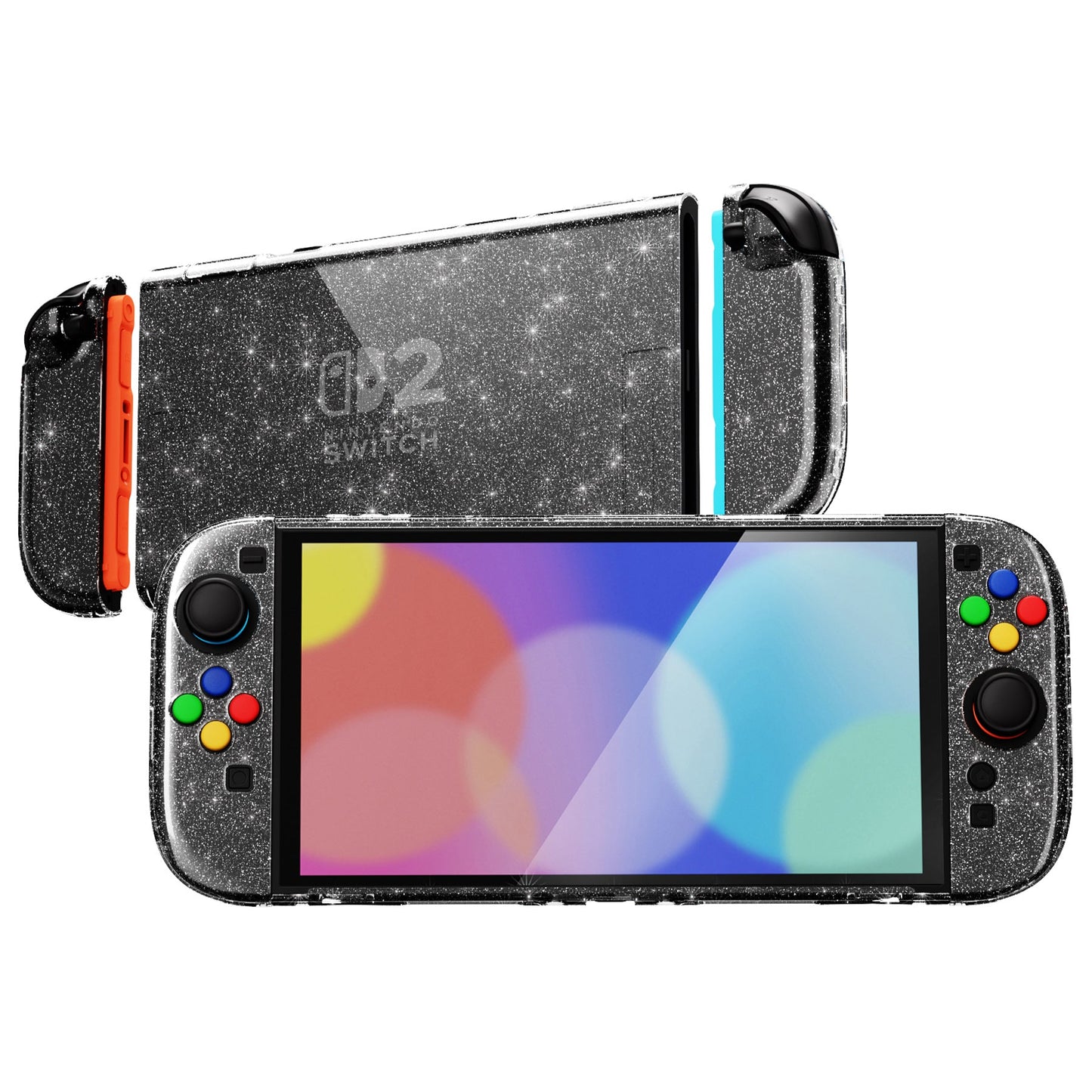 PlayVital Clear Series Hard Shell Protective Case with Foldable Stand & Thumb Grips for Nintendo Switch 2 - Clear Glitter Silver PlayVital