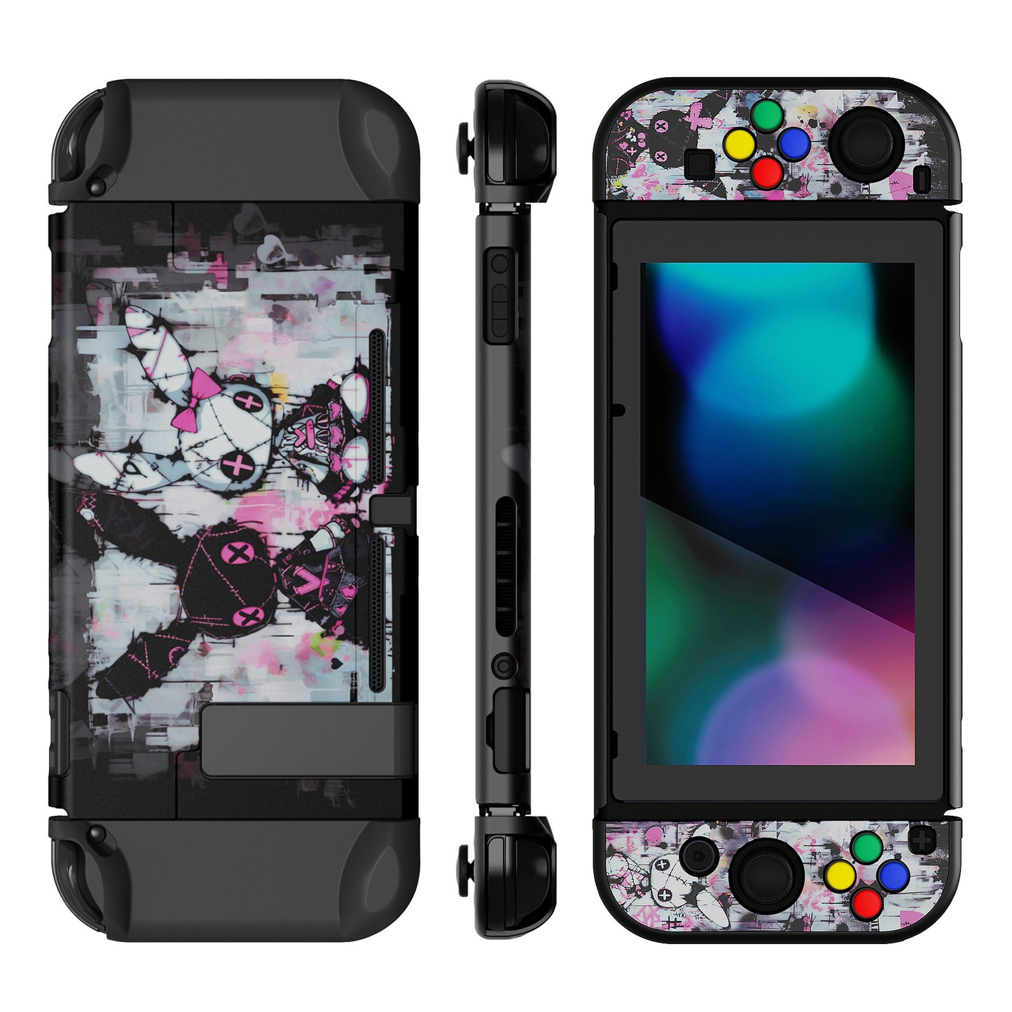 PlayVital Customized Dockable Hard Shell Protective Case with Colorful ABXY Direction Button Caps for Nintendo Switch Console - Lovely Punky Bunny PlayVital