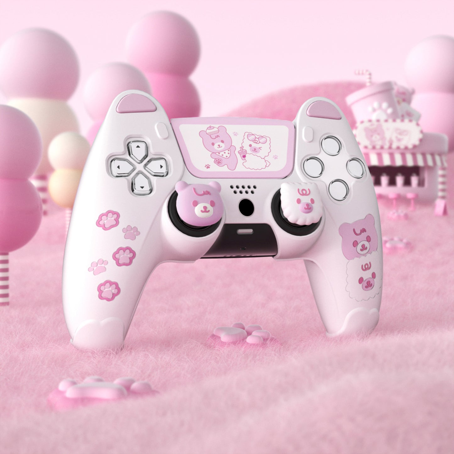 PlayVital Cute Bear Controller Silicone Case with Thumb Grips for PS5 Wireless Controller, Compatible with Charging Station - White & Pink - UYBPFP003 PlayVital