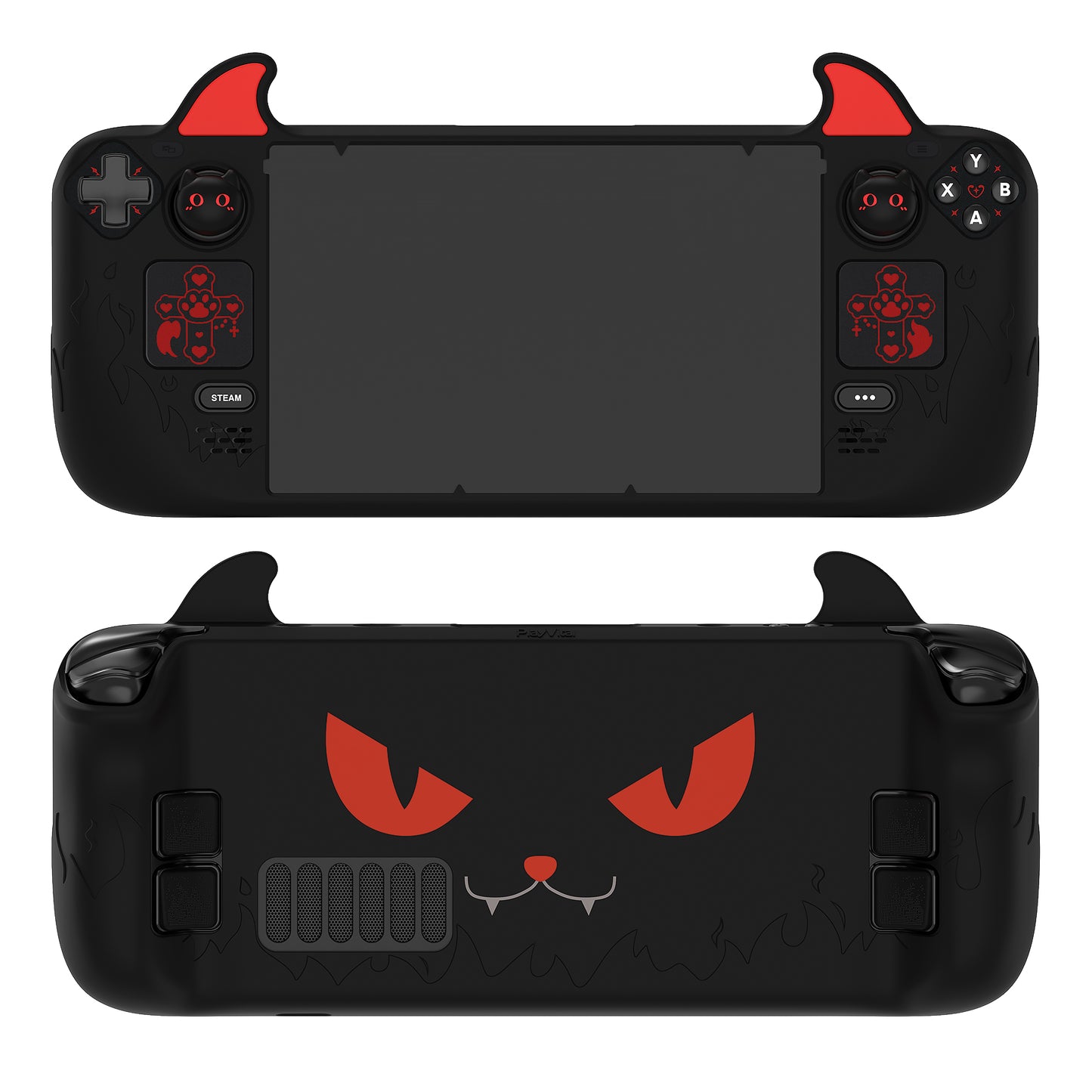 PlayVital Cute Demon Protective Case with Thumb Grip Caps & Trackpads Stickers & Back Button Enhancement Set for Steam Deck LCD & OLED - Black