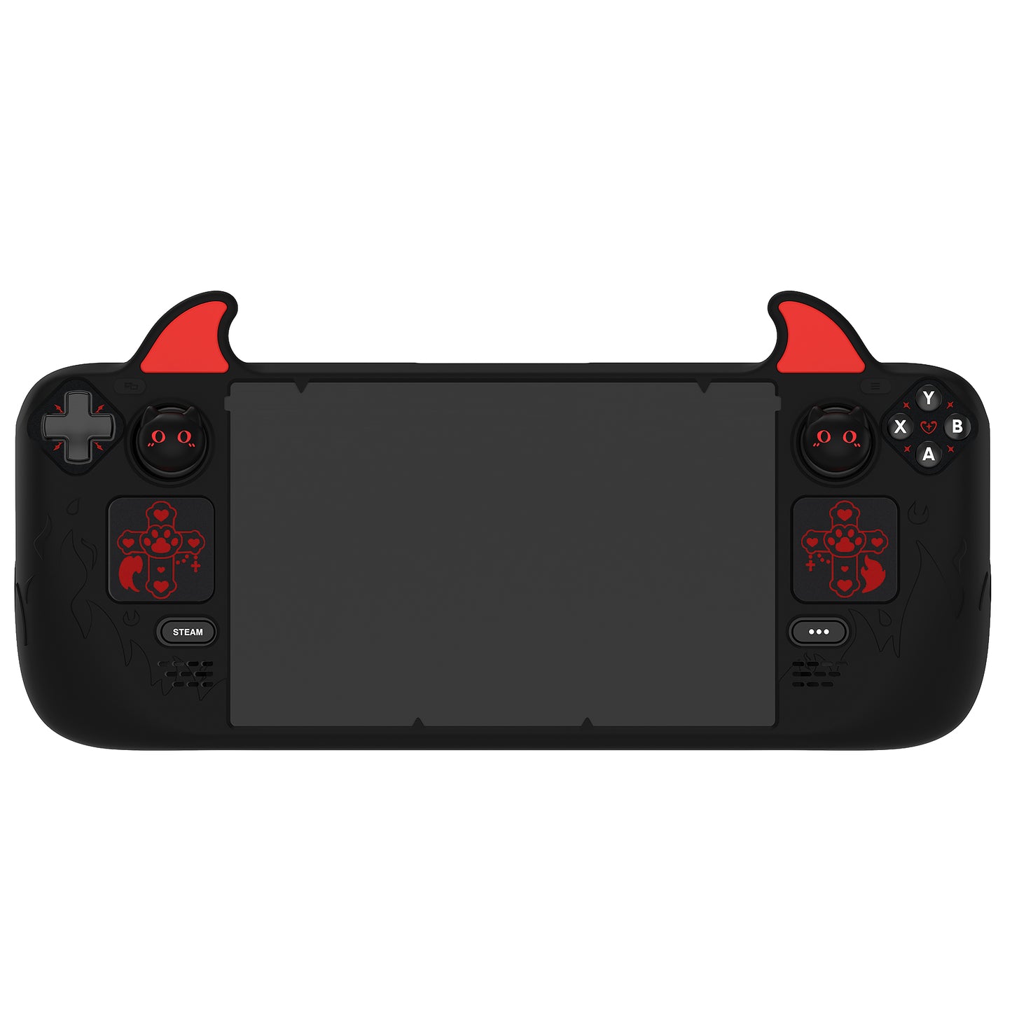 PlayVital Cute Demon Protective Case with Thumb Grip Caps & Trackpads Stickers & Back Button Enhancement Set for Steam Deck LCD & OLED - Black