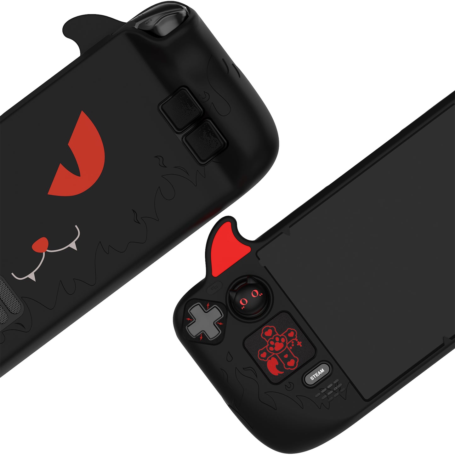 PlayVital Cute Demon Protective Case with Thumb Grip Caps & Trackpads Stickers & Back Button Enhancement Set for Steam Deck LCD & OLED - Black