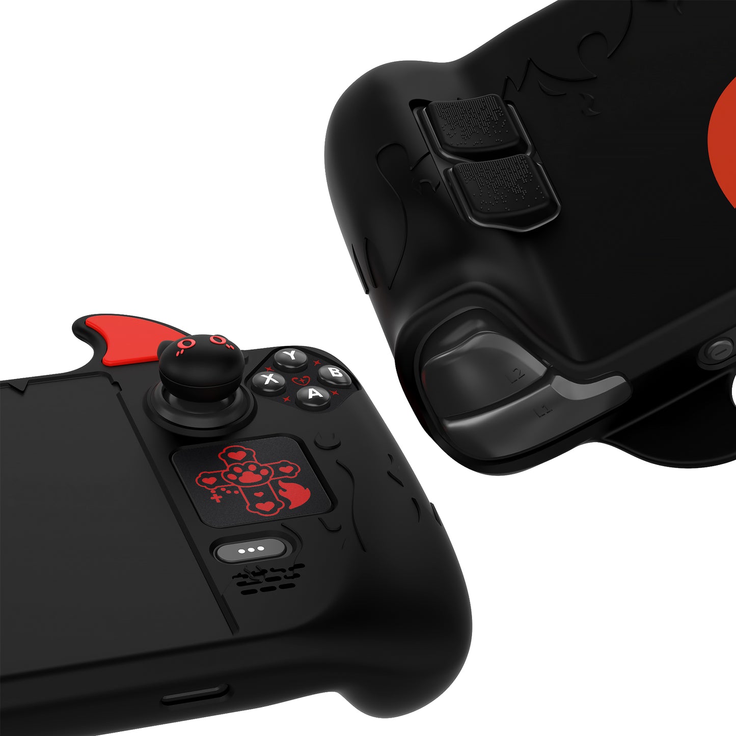 PlayVital Cute Demon Protective Case with Thumb Grip Caps & Trackpads Stickers & Back Button Enhancement Set for Steam Deck LCD & OLED - Black