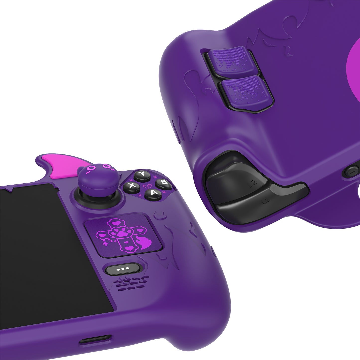 PlayVital Cute Demon Protective Case with Thumb Grip Caps & Trackpads Stickers & Back Button Enhancement Set for Steam Deck LCD & OLED - Purple