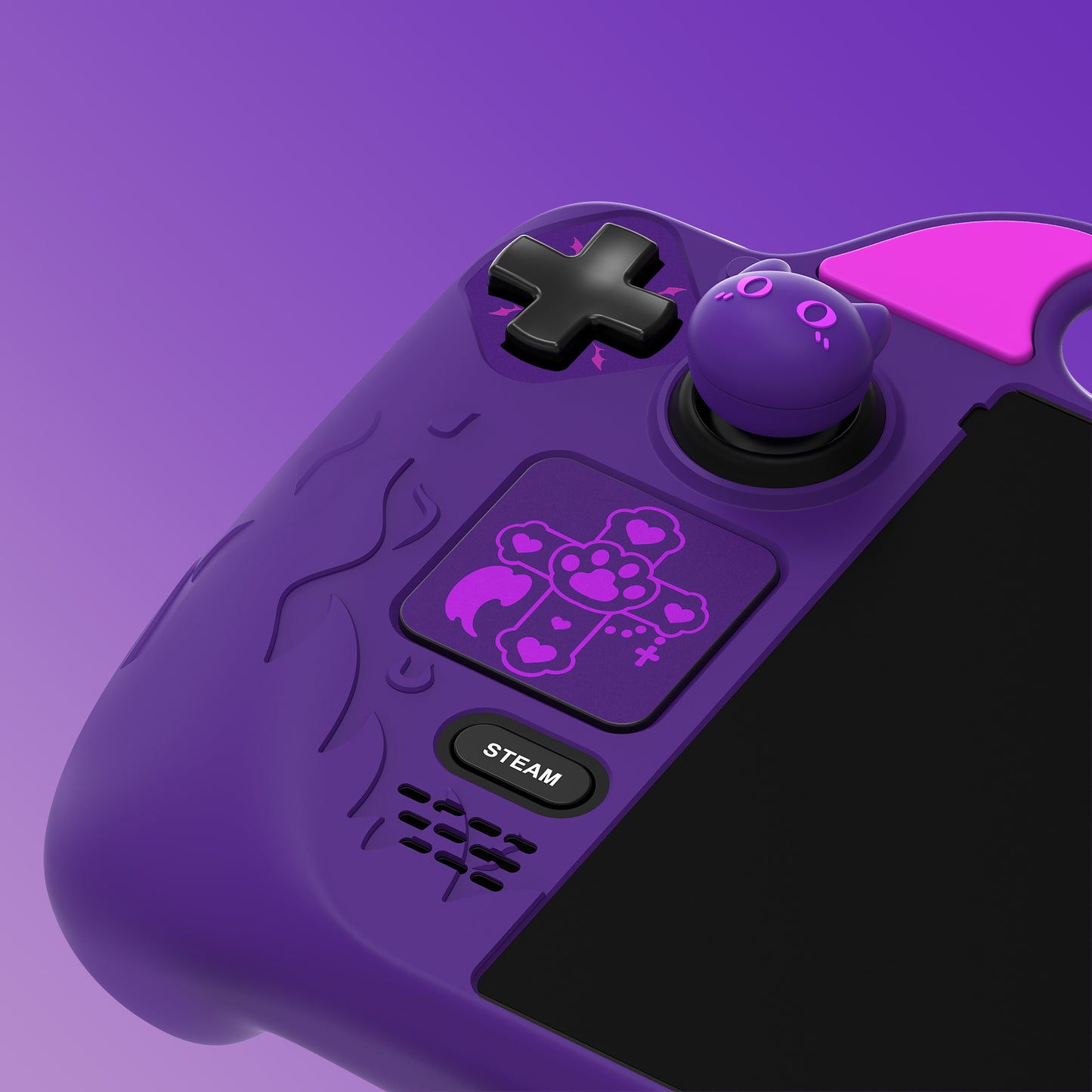 PlayVital Cute Demon Protective Case with Thumb Grip Caps & Trackpads Stickers & Back Button Enhancement Set for Steam Deck LCD & OLED - Purple