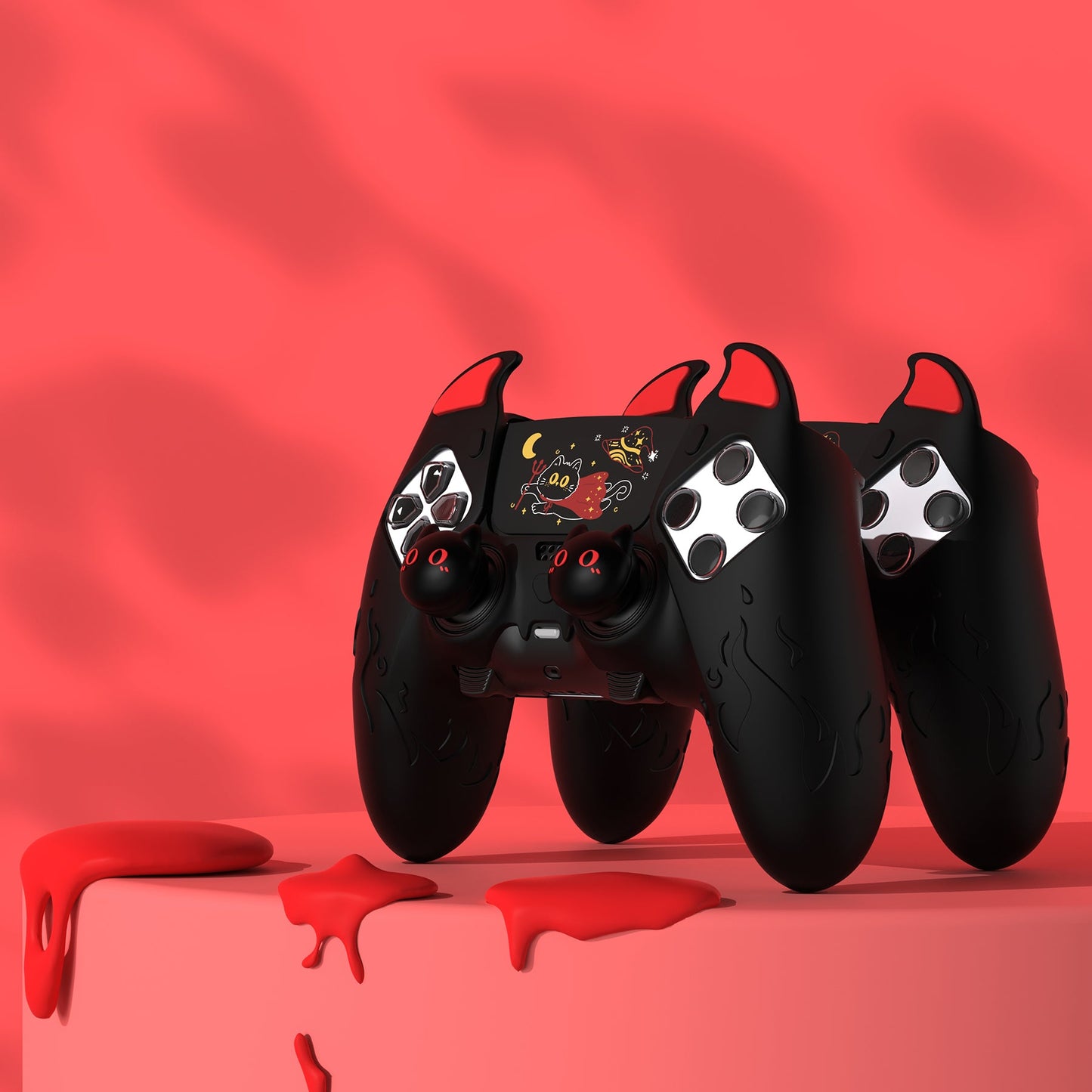 PlayVital Cute Demon Silicone Case with Touch Pad Sticker & Thumb Grip Caps for PS5 Edge Controller - Black PlayVital
