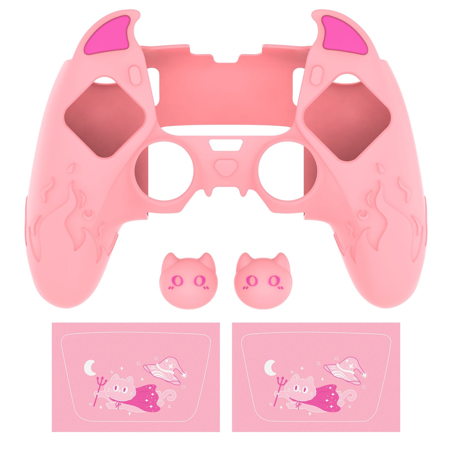 PlayVital Cute Demon Silicone Case with Touch Pad Sticker & Thumb Grip Caps for PS5 Edge Controller - Pink PlayVital