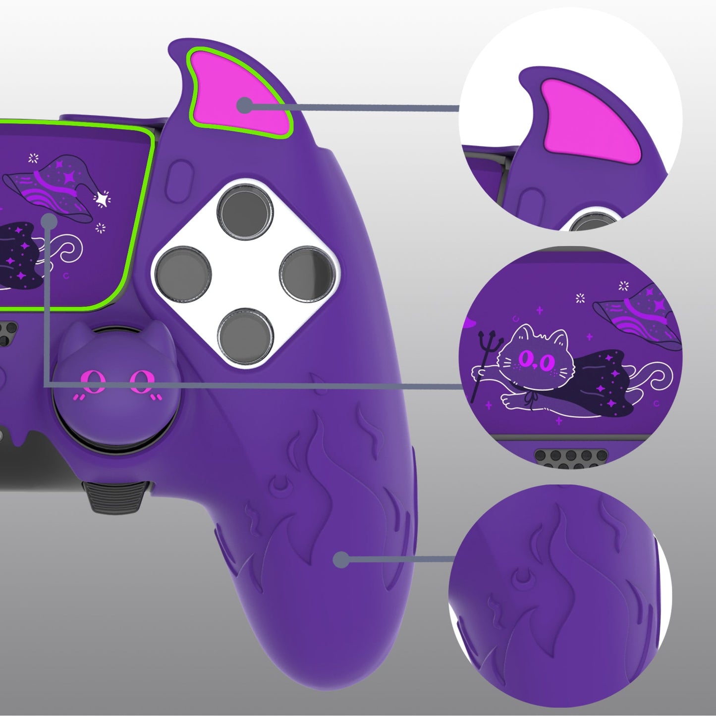 PlayVital Cute Demon Silicone Case with Touch Pad Sticker & Thumb Grip Caps for PS5 Edge Controller - Purple PlayVital