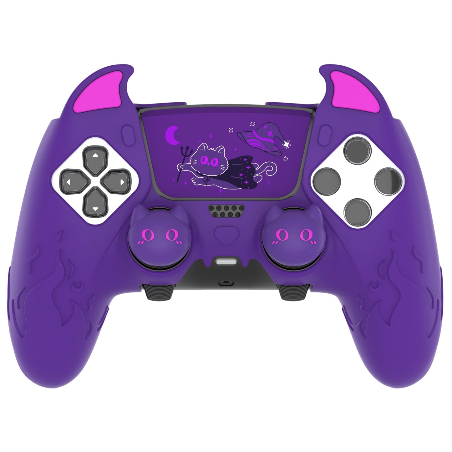 PlayVital Cute Demon Silicone Case with Touch Pad Sticker & Thumb Grip Caps for PS5 Edge Controller - Purple PlayVital