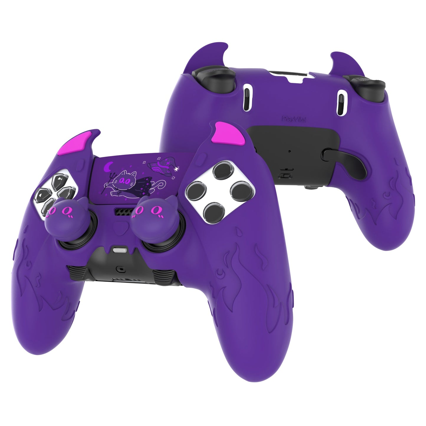 PlayVital Cute Demon Silicone Case with Touch Pad Sticker & Thumb Grip Caps for PS5 Edge Controller - Purple PlayVital
